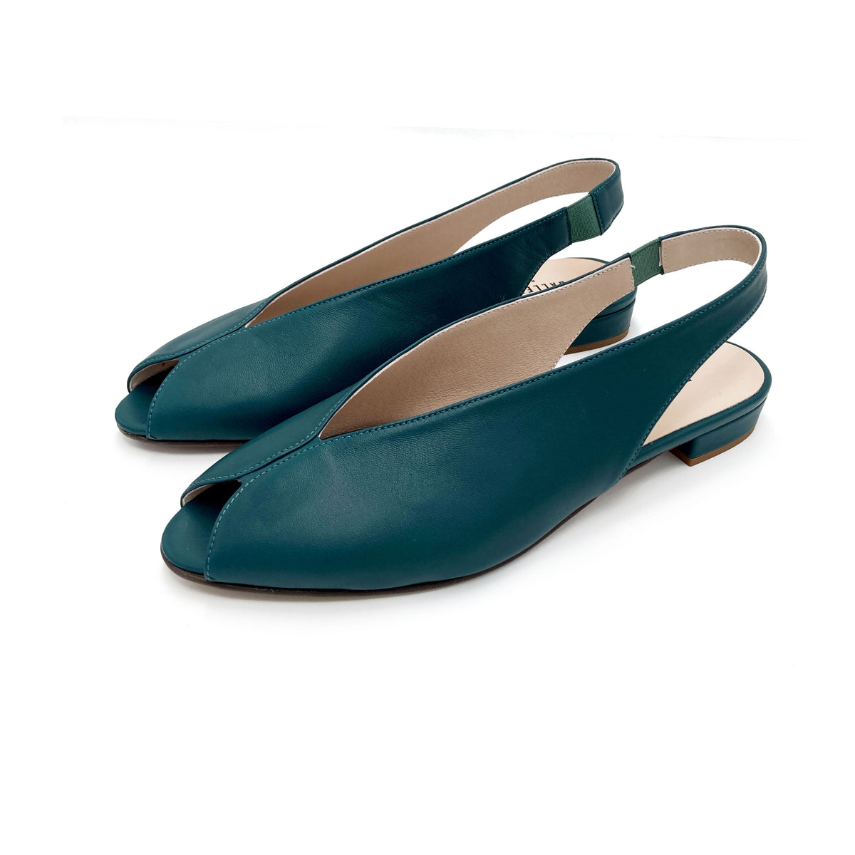 Petrolblaue Open-Toe Slingbacks aus Leder