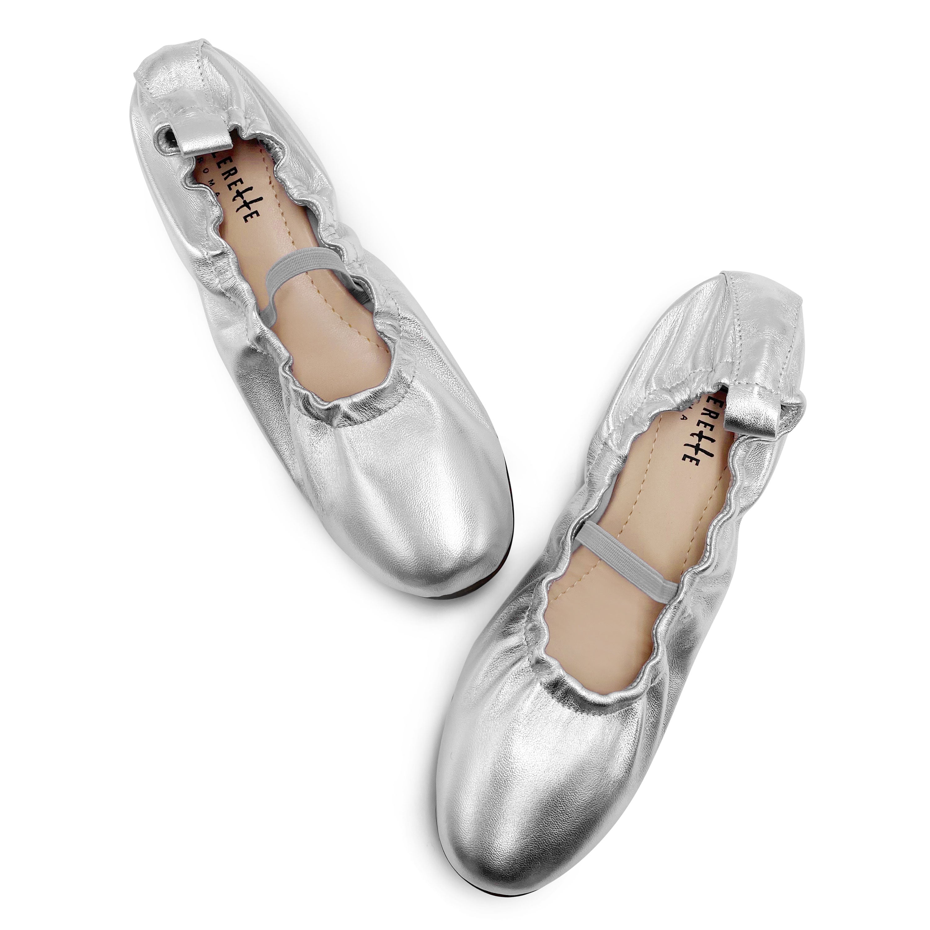 Ballerine accollate argento in pelle con cinturino elastico