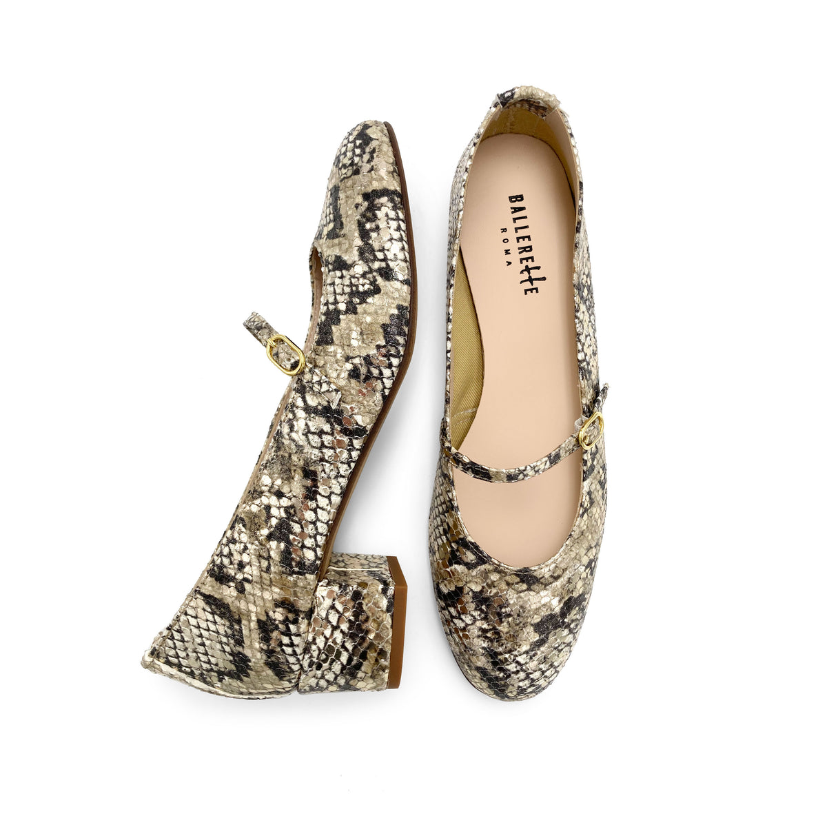 Mary Jane Ballerinas aus Schlangenleder-Print mit Riemen und hohem Absatz