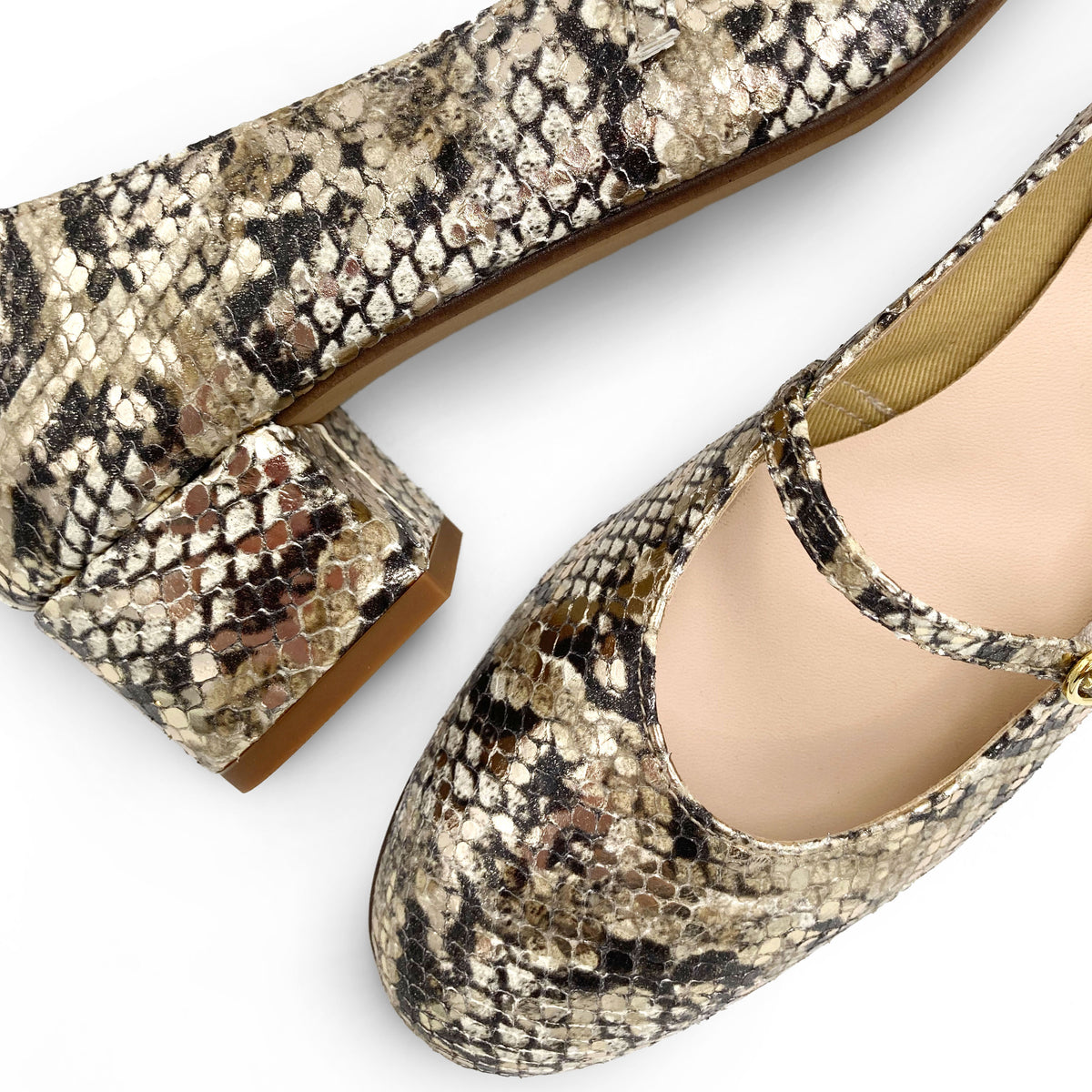 Mary Jane Ballerinas aus Schlangenleder-Print mit Riemen und hohem Absatz
