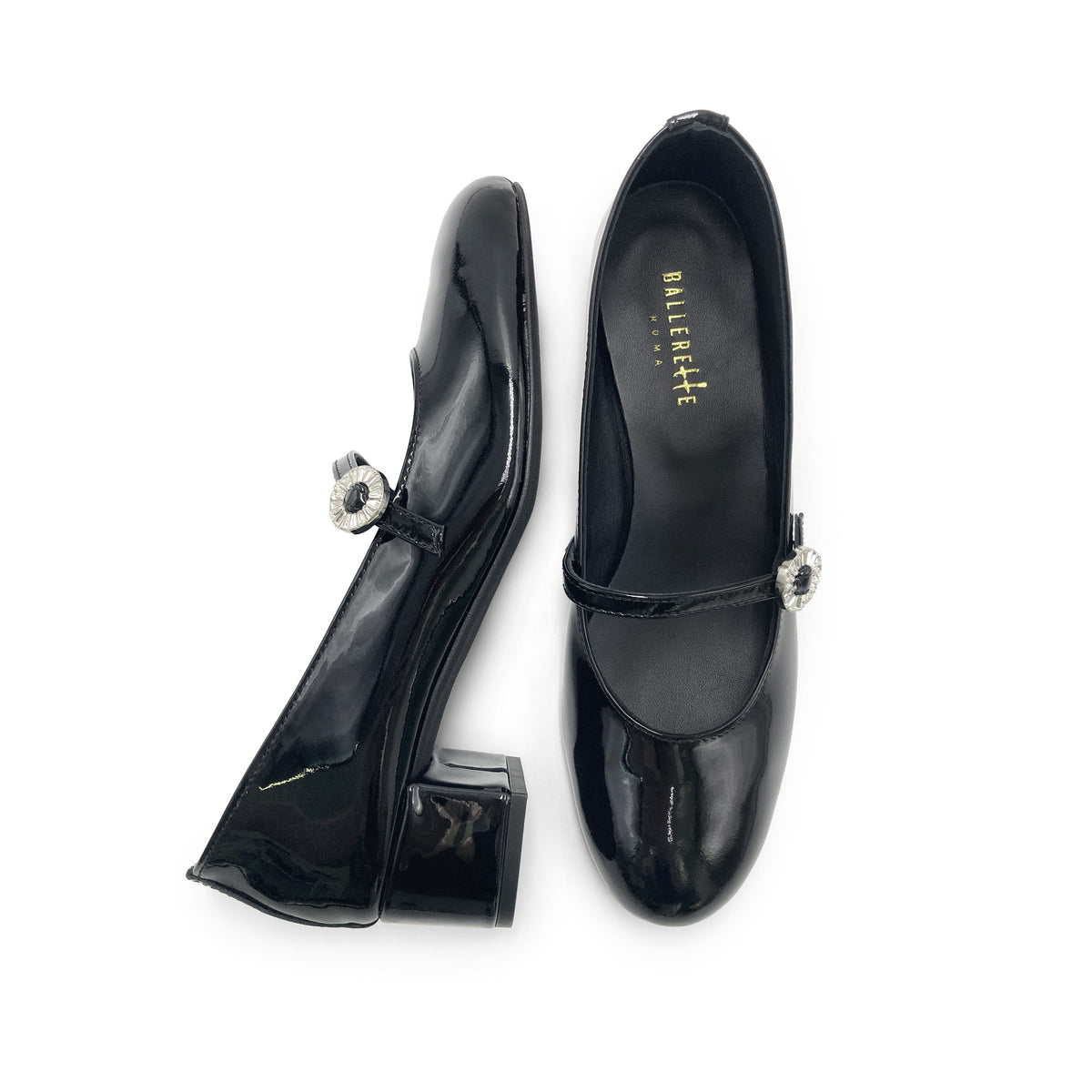 Schwarze Lack‑Mary‑Jane‑Ballerinas mit Absatz und Schmuckriemchen