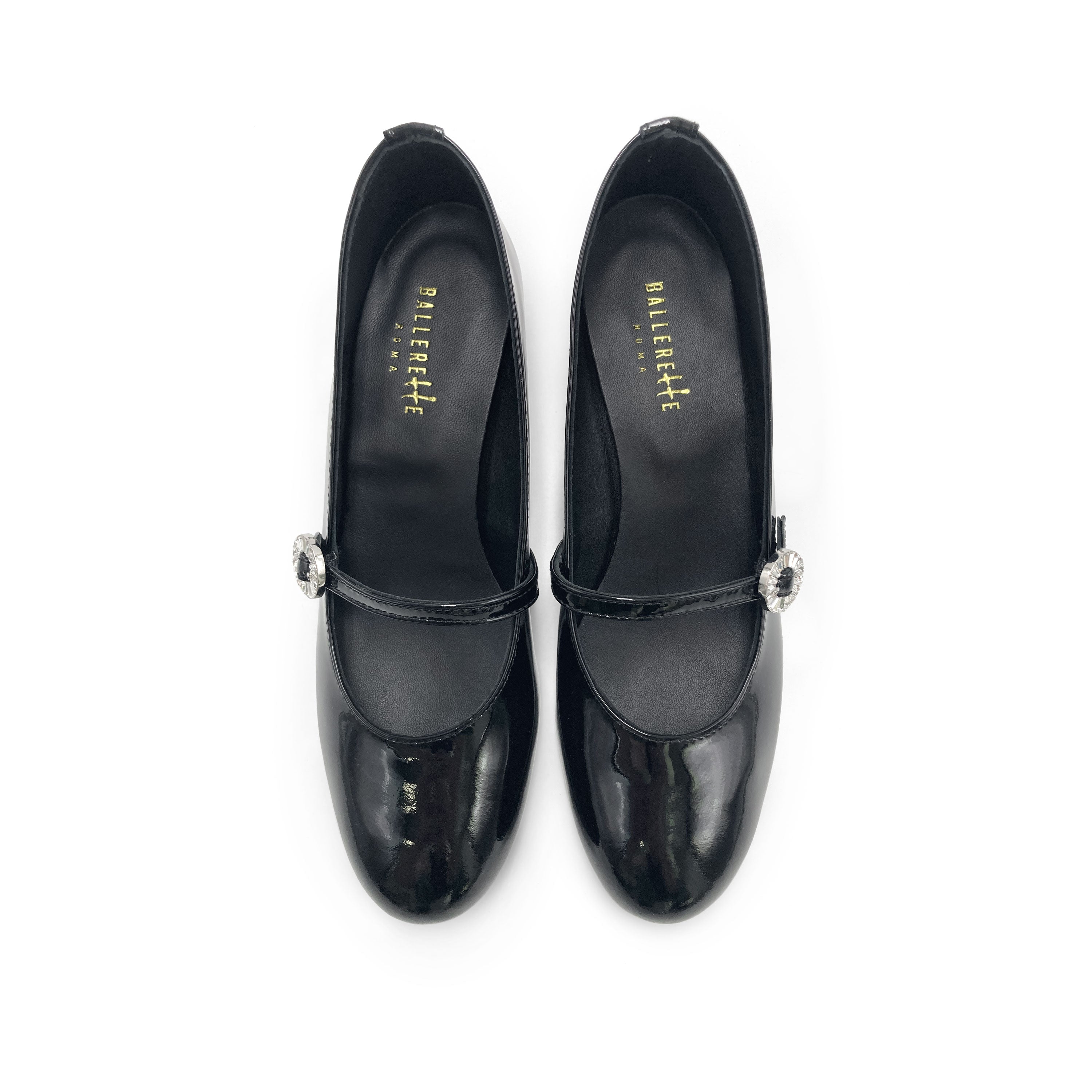 Schwarze Lack‑Mary‑Jane‑Ballerinas mit Absatz und Schmuckriemchen
