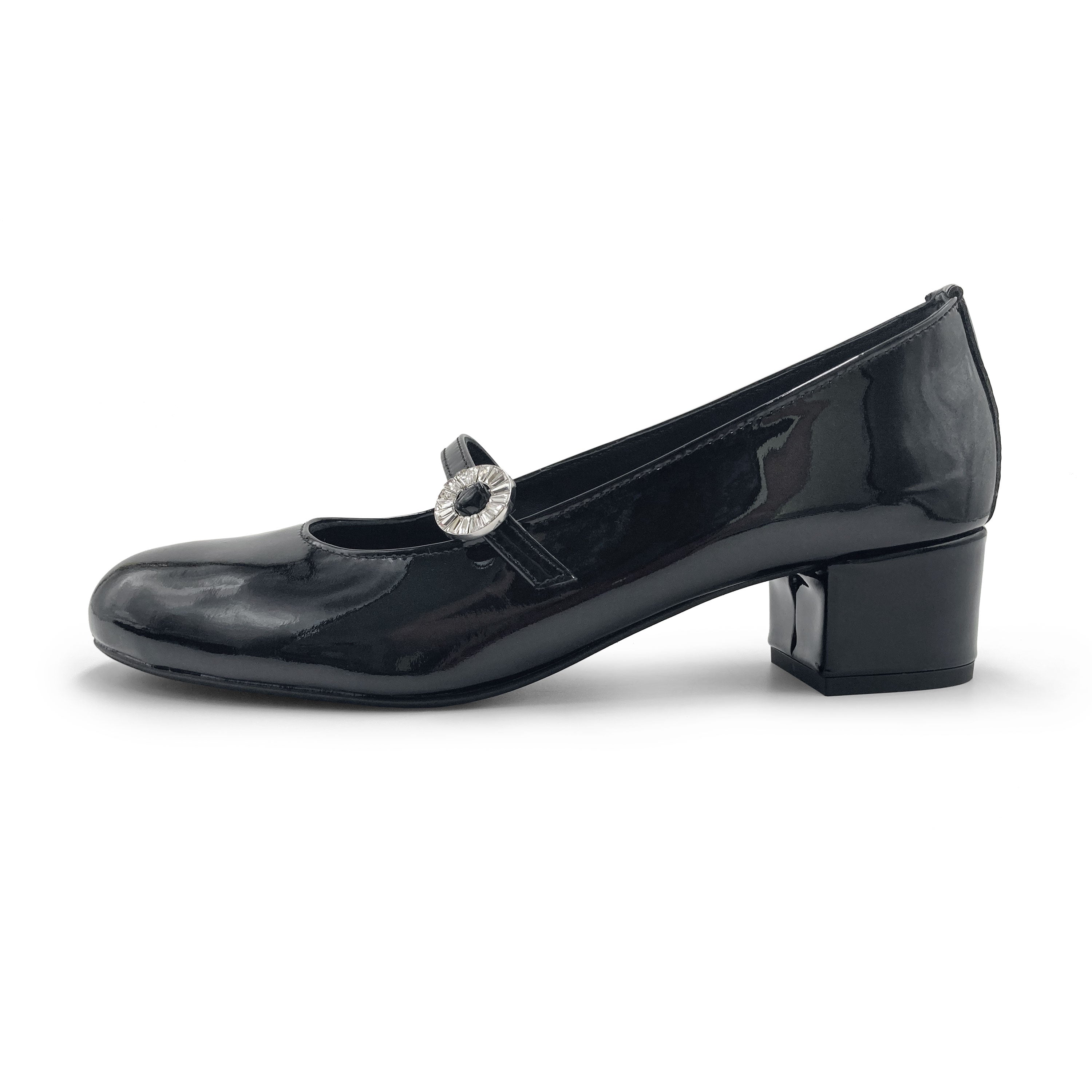 Schwarze Lack‑Mary‑Jane‑Ballerinas mit Absatz und Schmuckriemchen
