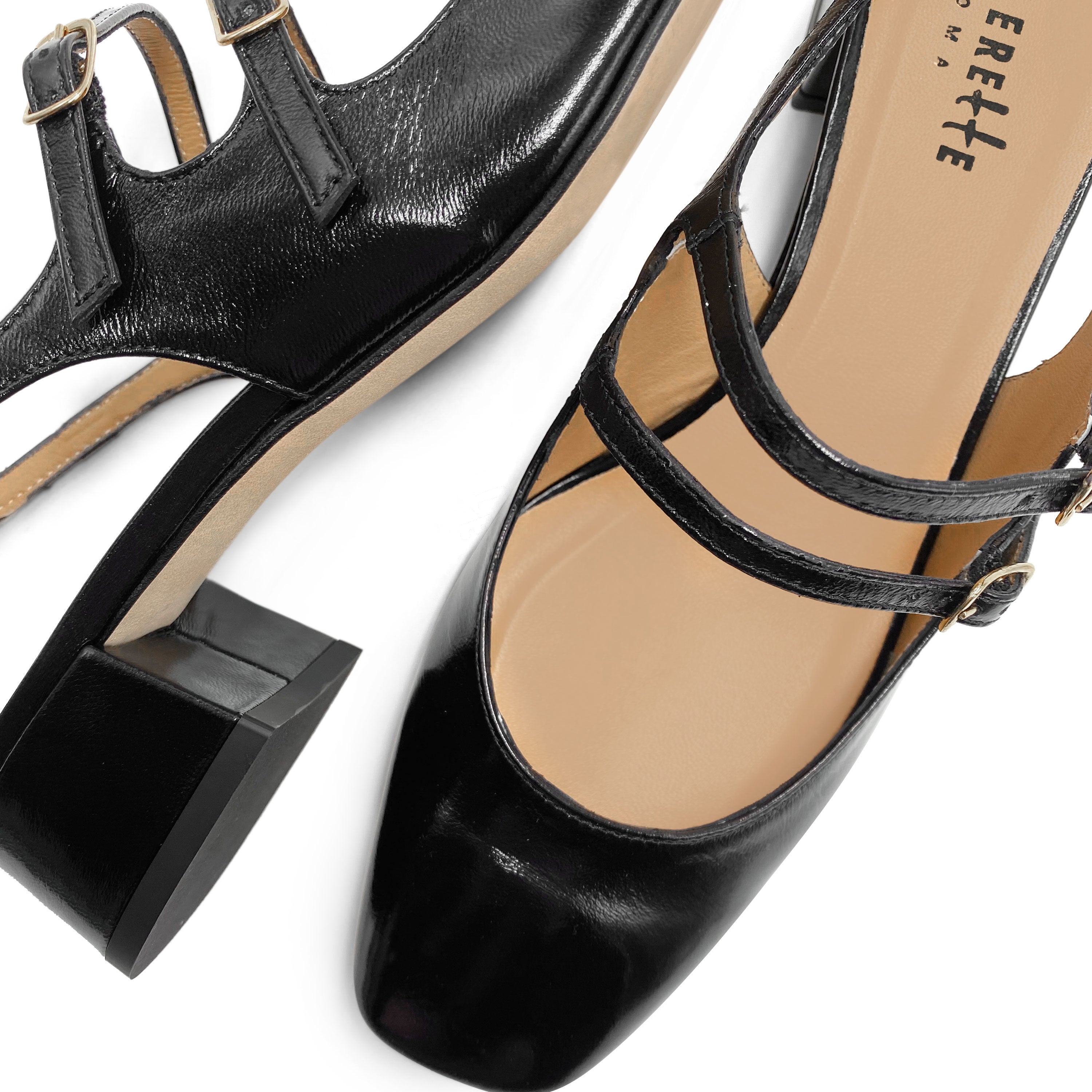 Ballerines noires à bride arrière en cuir brillant à talon