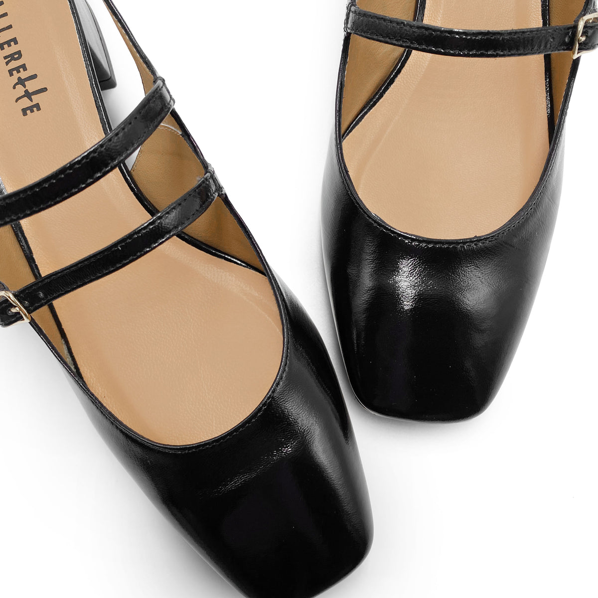 Ballerines noires à bride arrière en cuir brillant à talon