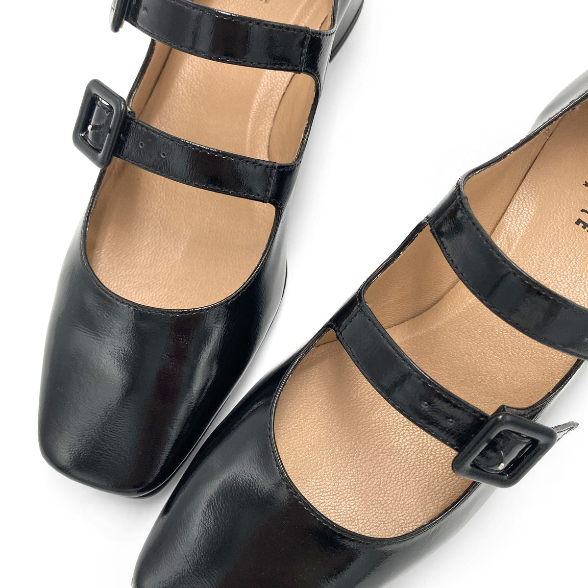 Black patent Mary Jane ballet flats with heel and square toe