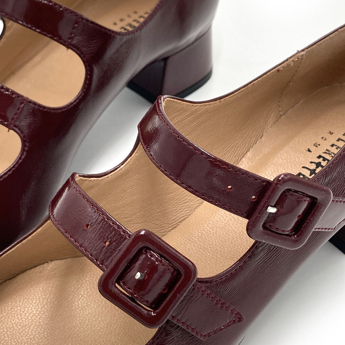 Shiny burgundy Mary Jane ballet flats with heel and square toe