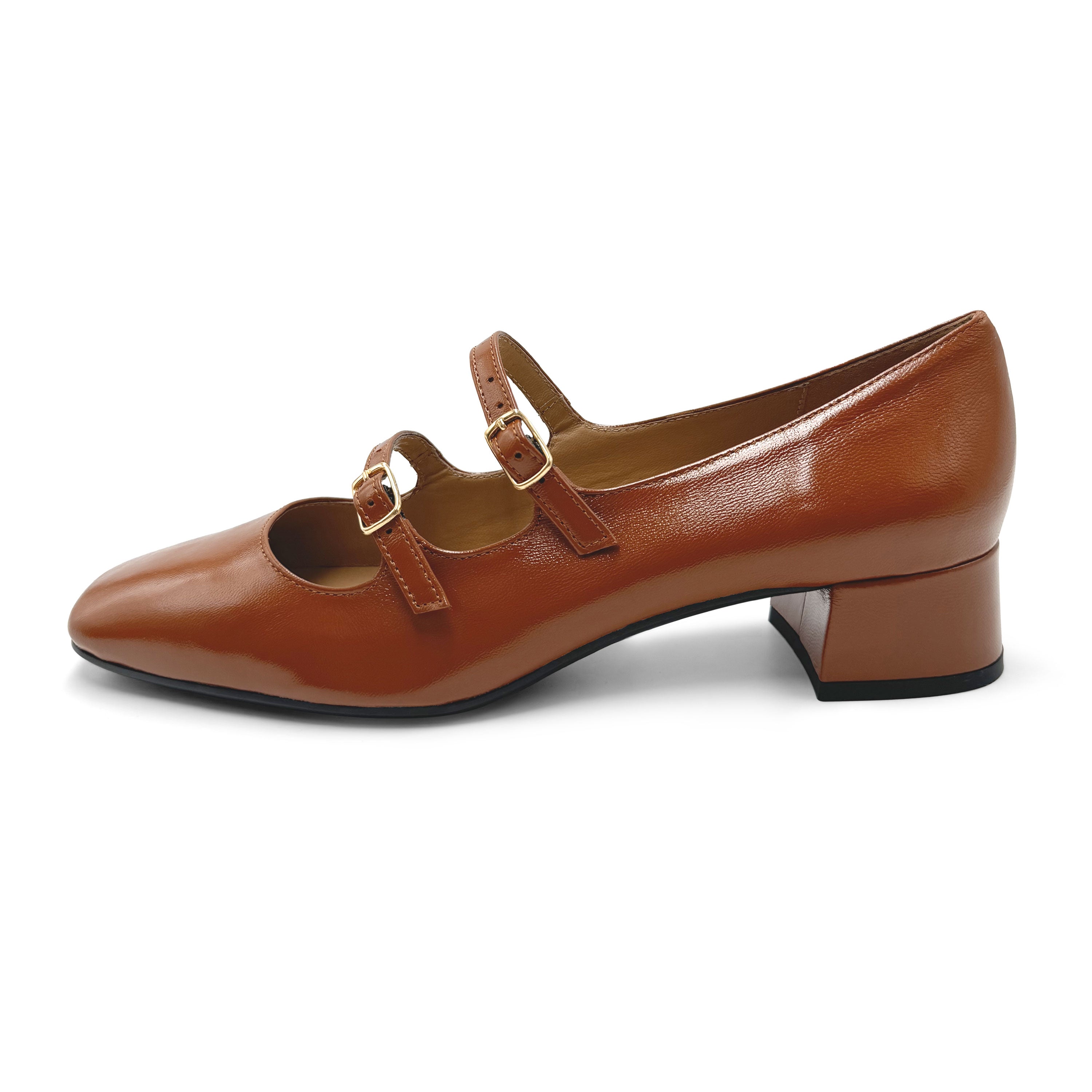 Mary Janes marron en cuir brillant avec deux brides et talon haut