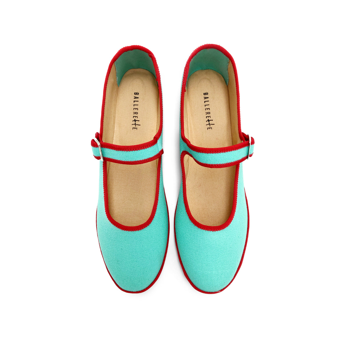 Ballerine friulane Mary Jane in cotone azzurro acqua e dettagli rossi