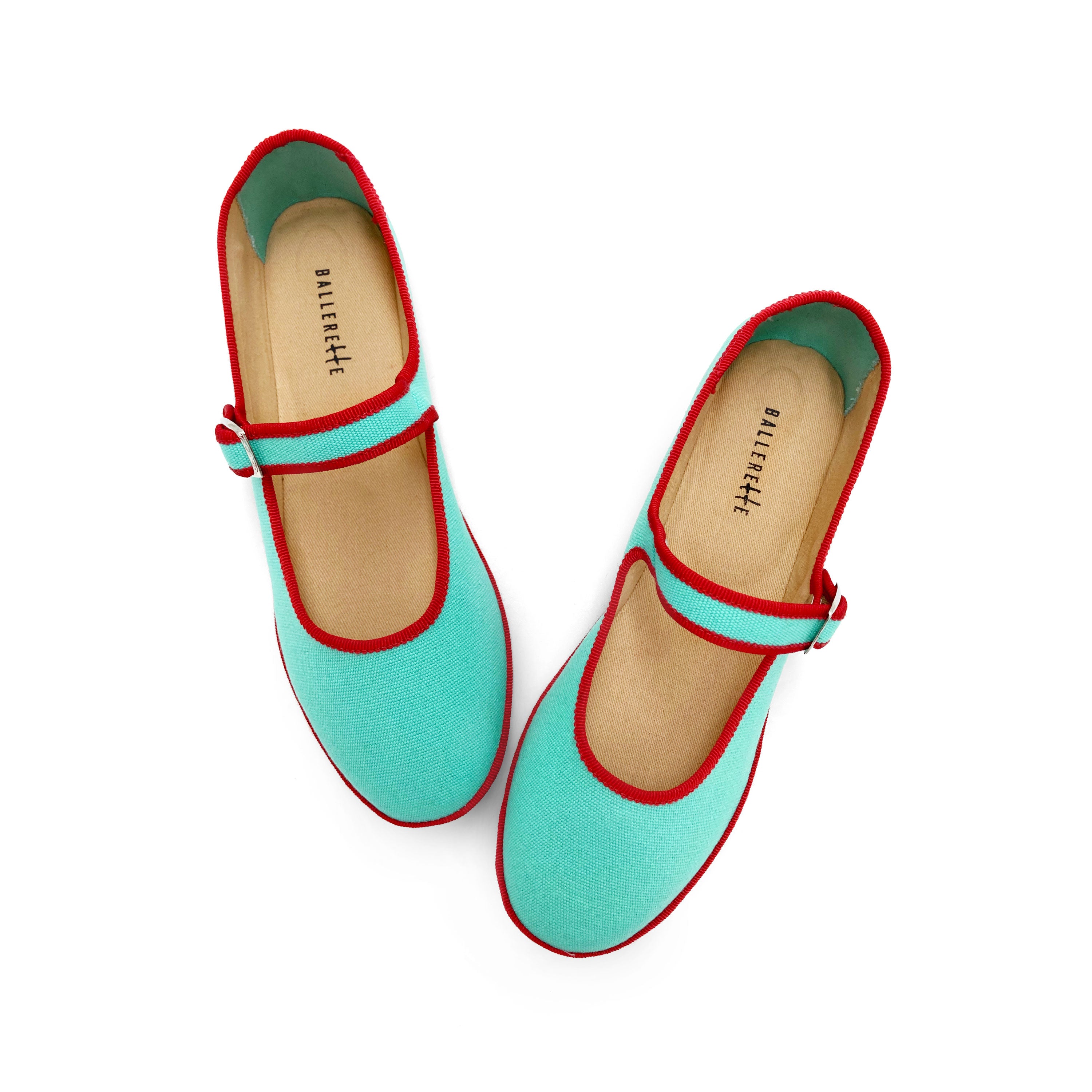 Ballerine friulane Mary Jane in cotone azzurro acqua e dettagli rossi