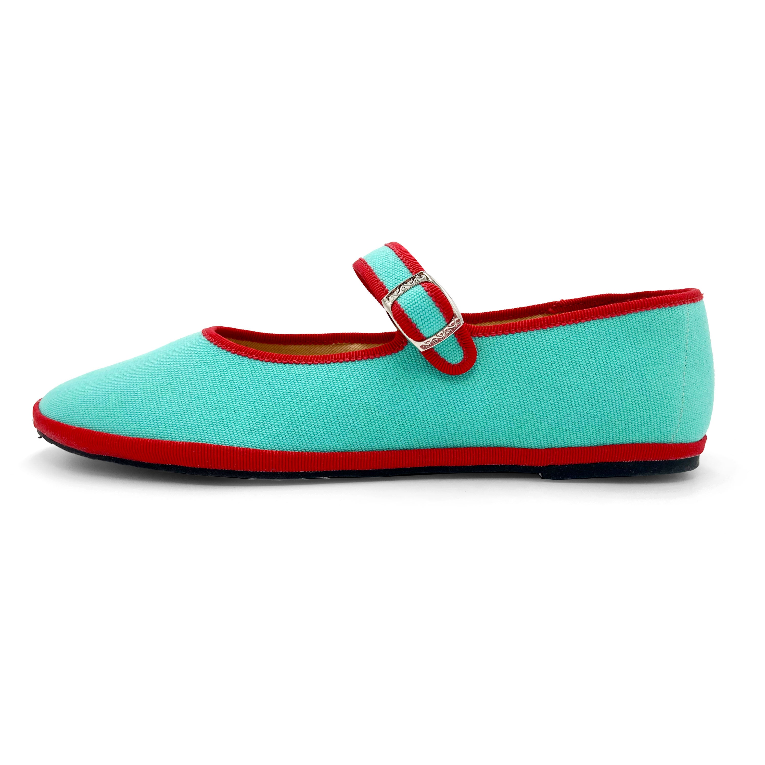 Bailarinas friulanas Mary Jane en algodón azul agua con detalles rojos