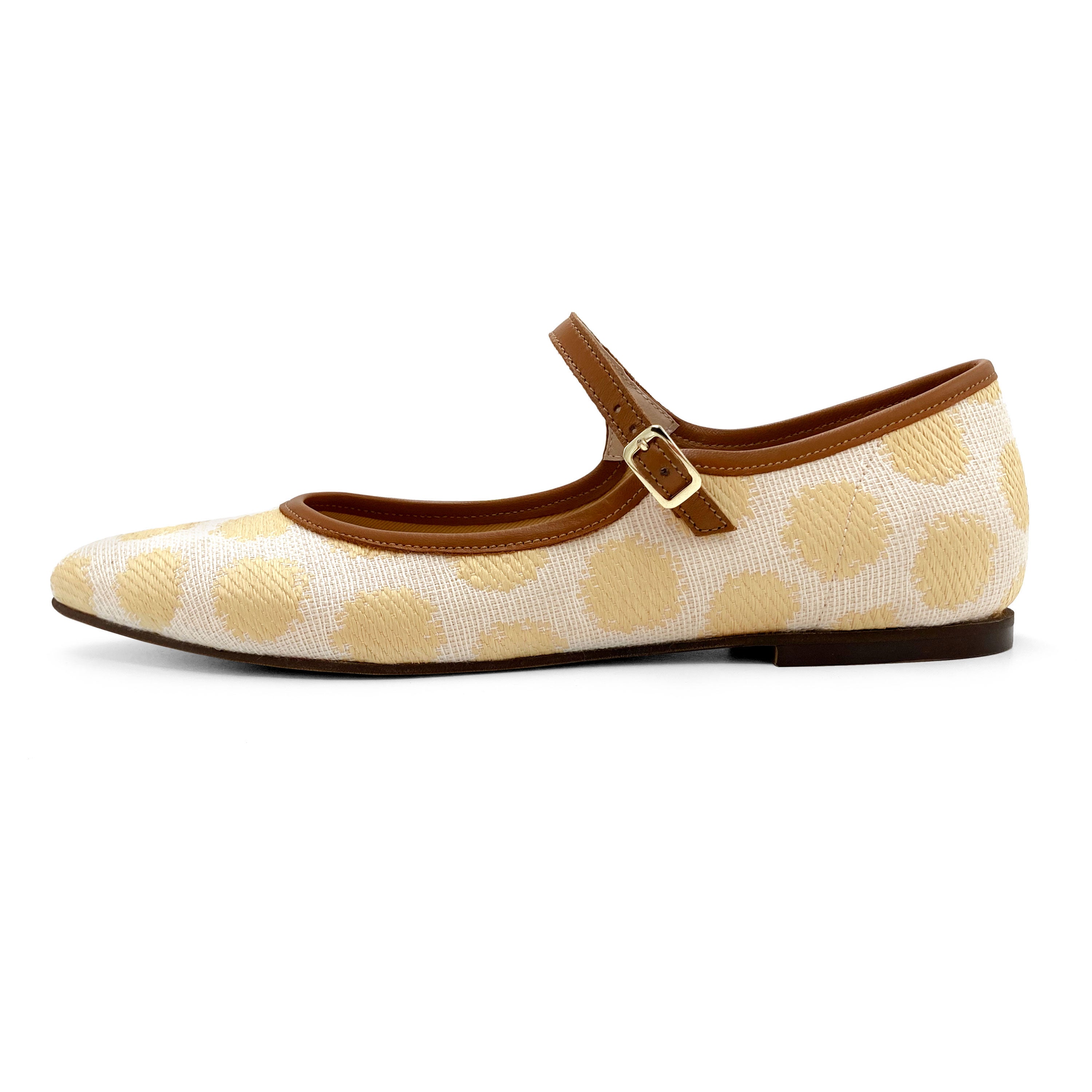 Ballerine mary jane estive in rafia beige a pois e cinturino cuoio