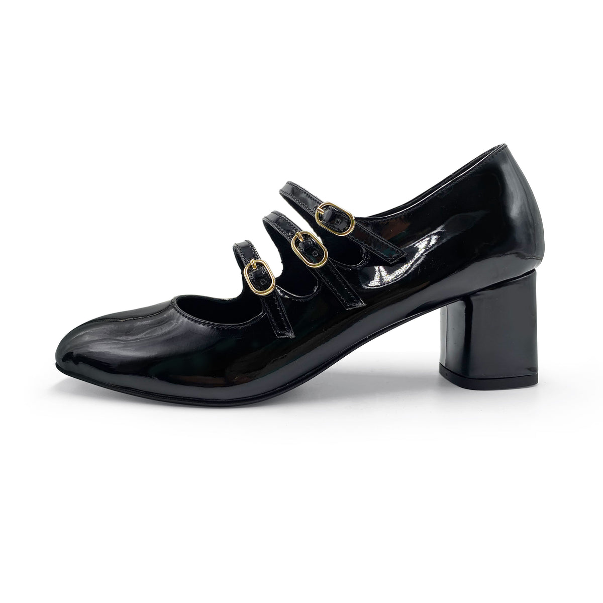 Mary Jane noires en vernis avec trois brides et talon haut