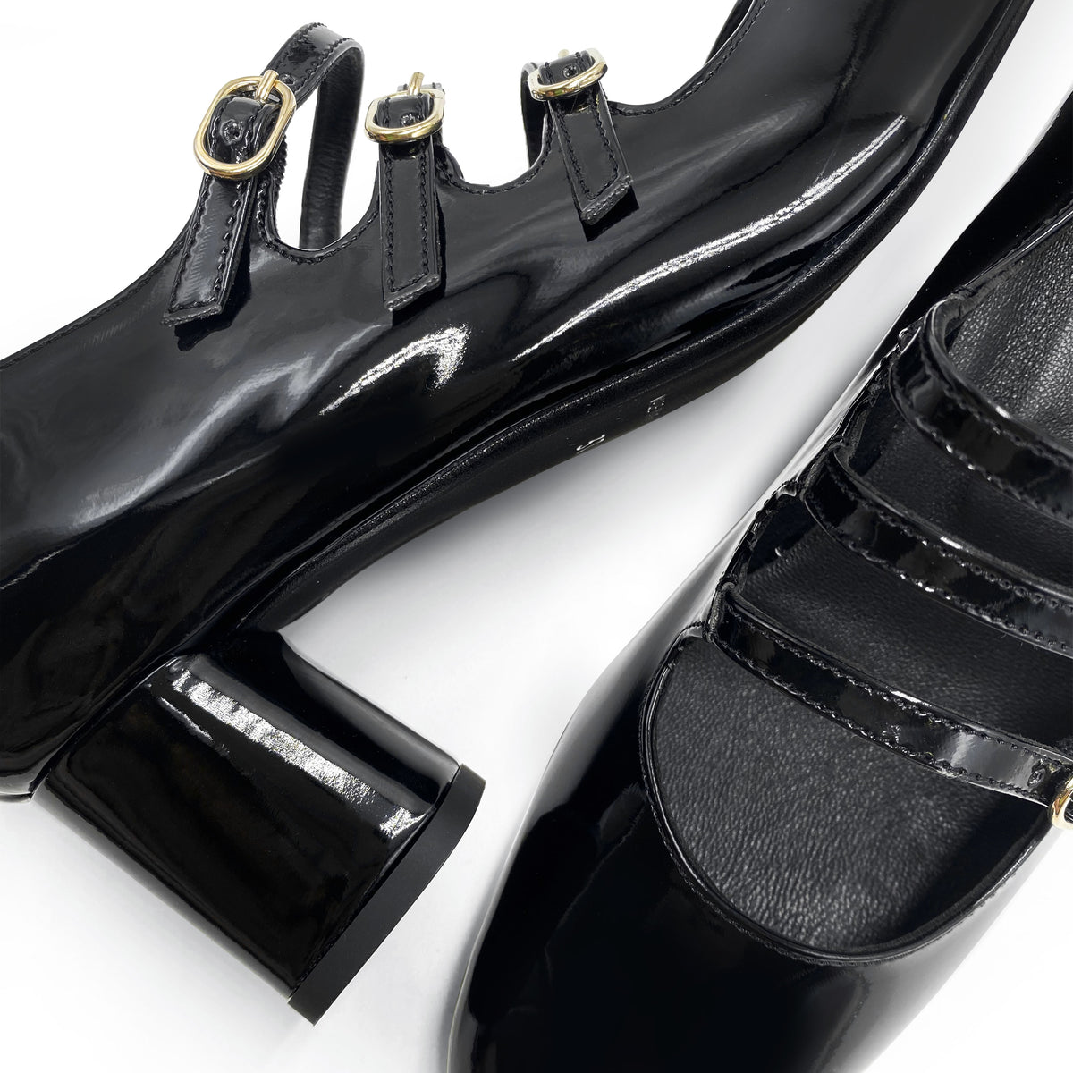 Mary Jane noires en vernis avec trois brides et talon haut