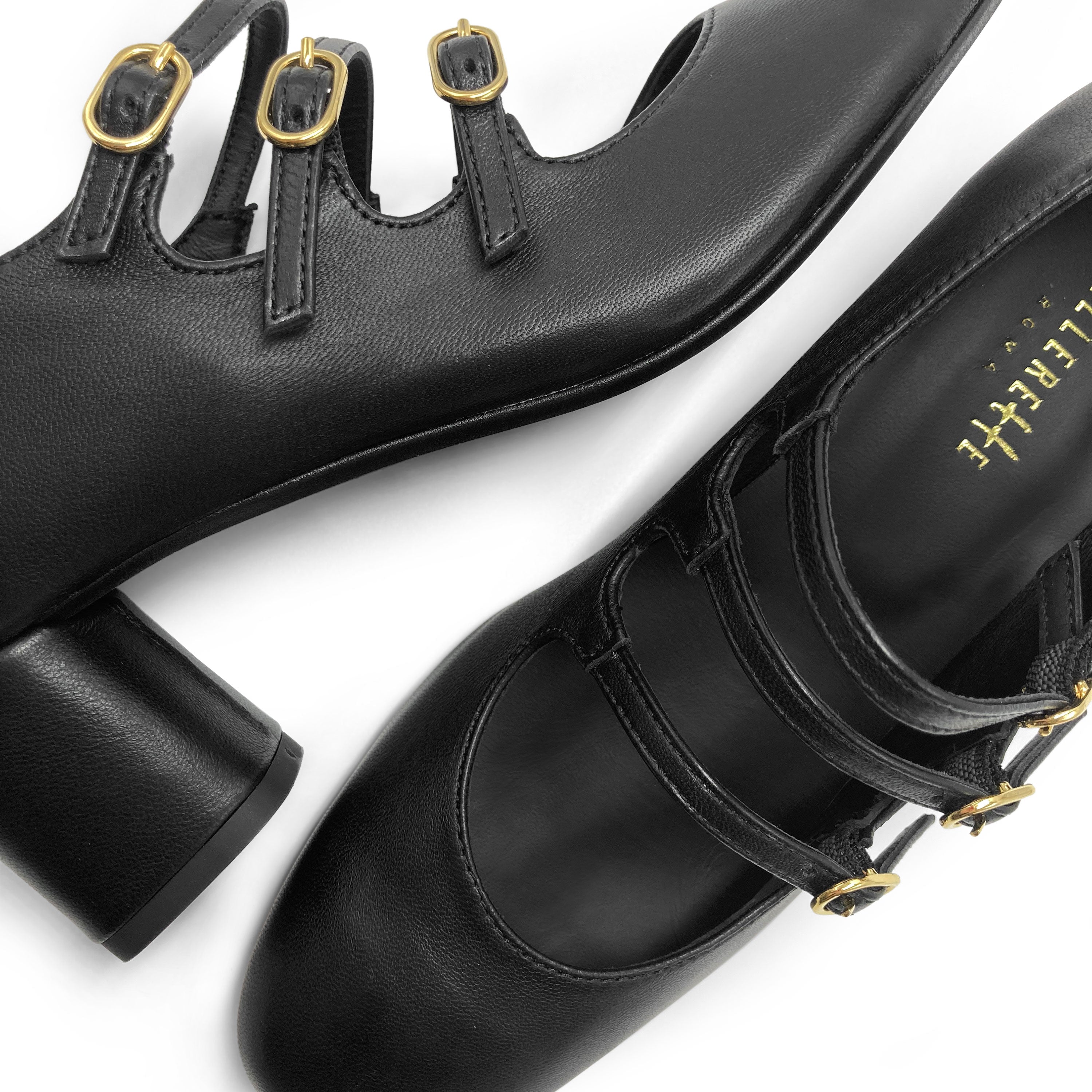 Mary Jane noires en cuir avec trois brides et talon haut