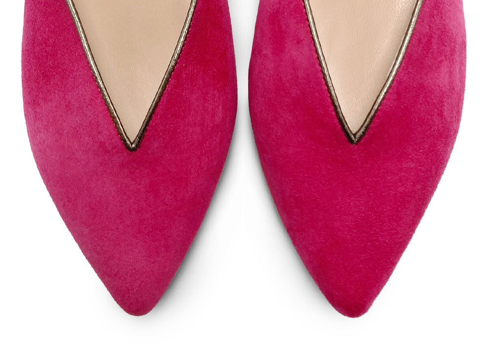 Scarpe mule estive in camoscio fucsia con laccio canna di fucile alla caviglia