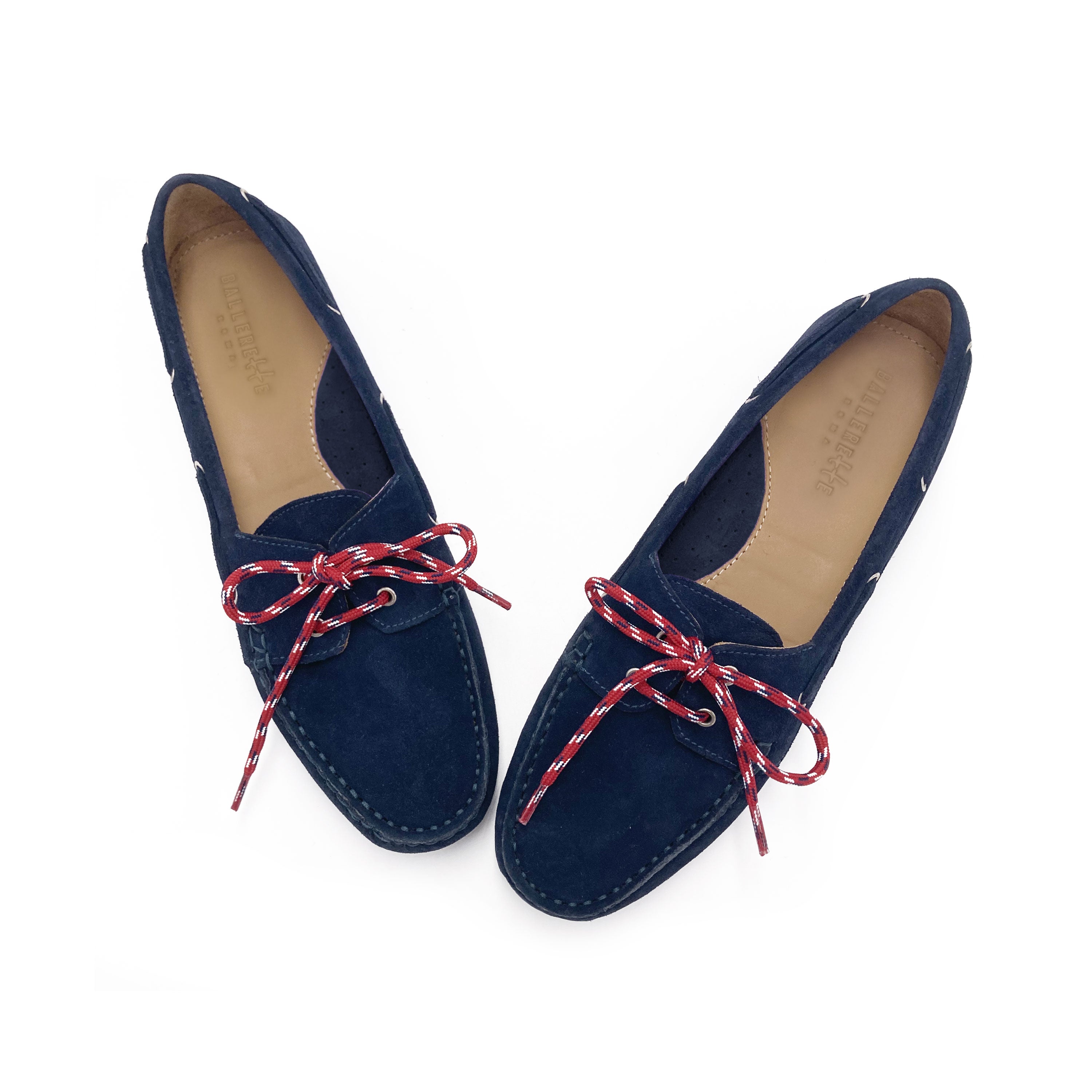 Mocassini donna da barca estivi in camoscio blu con laccio nautico