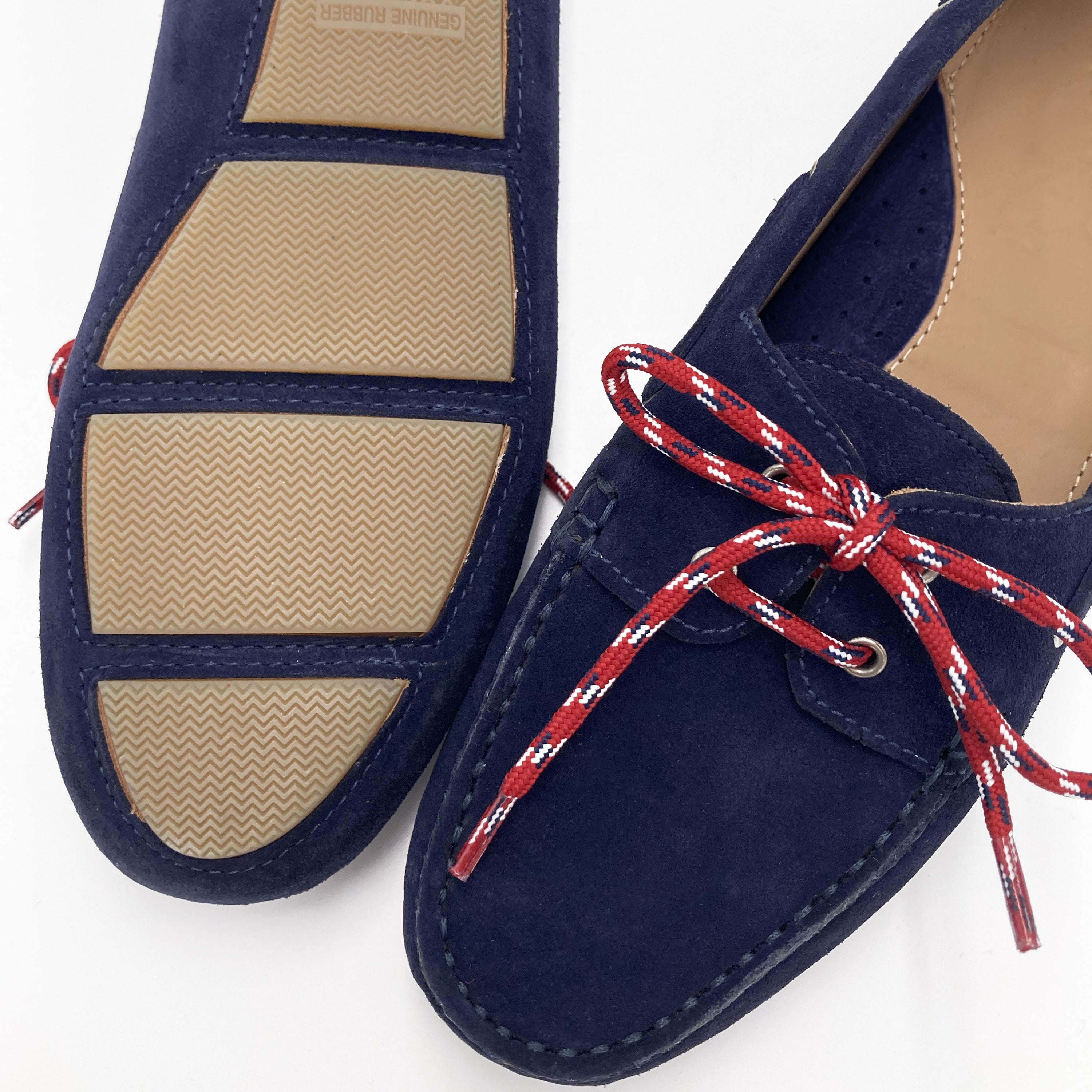 Women’s summer boat moccasins in blue suede with nautical lace