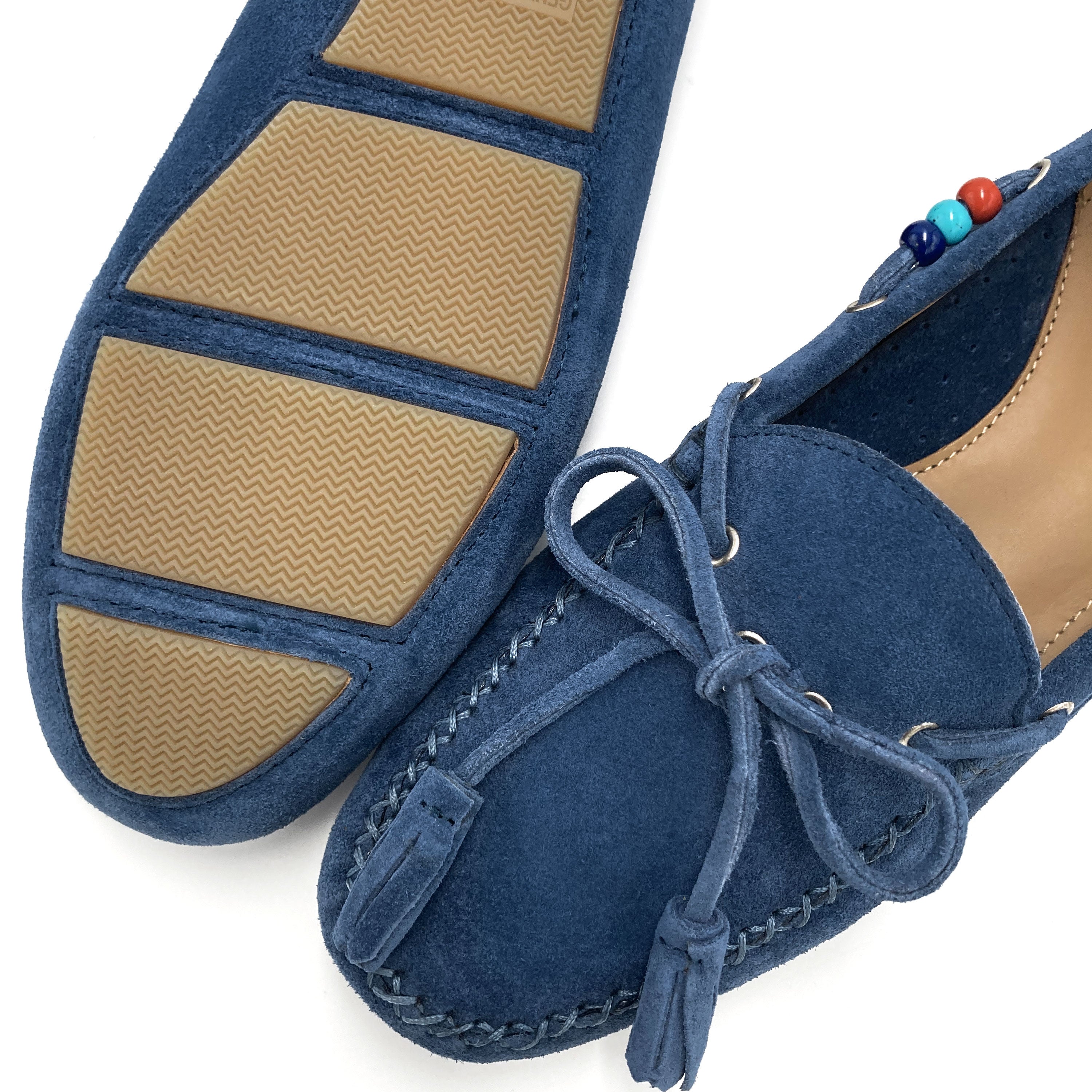 Women’s blue denim moccasins with beads