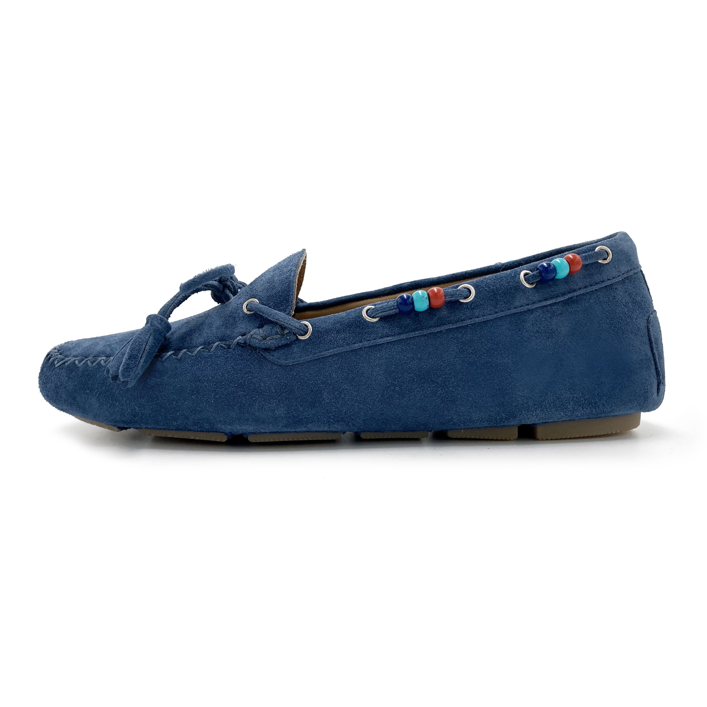 Women’s blue denim moccasins with beads
