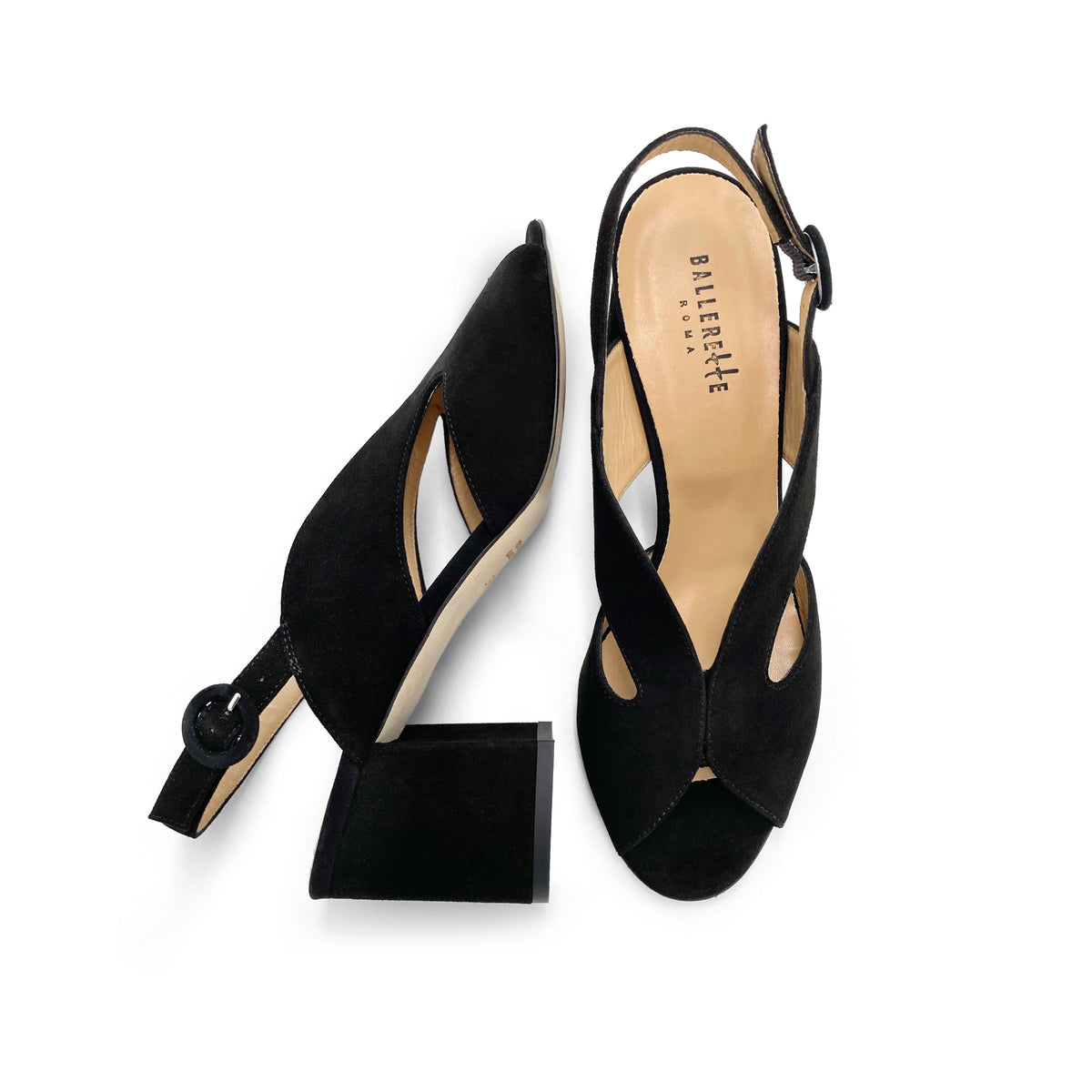 Scarpe open toe slingback nere in camoscio con tacco