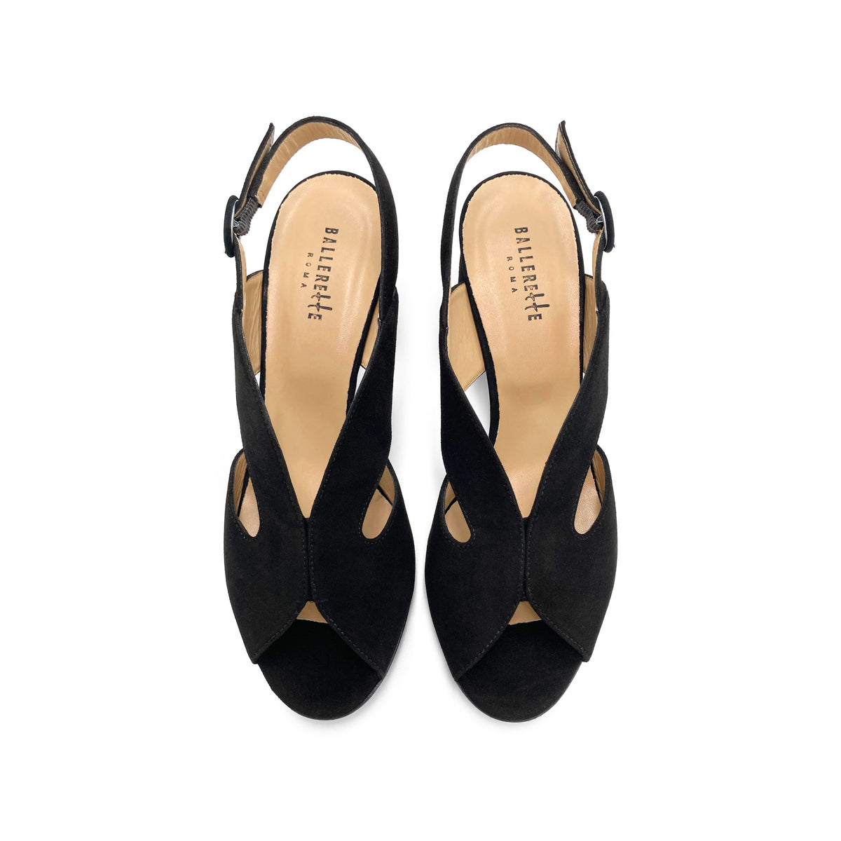 Scarpe open toe slingback nere in camoscio con tacco