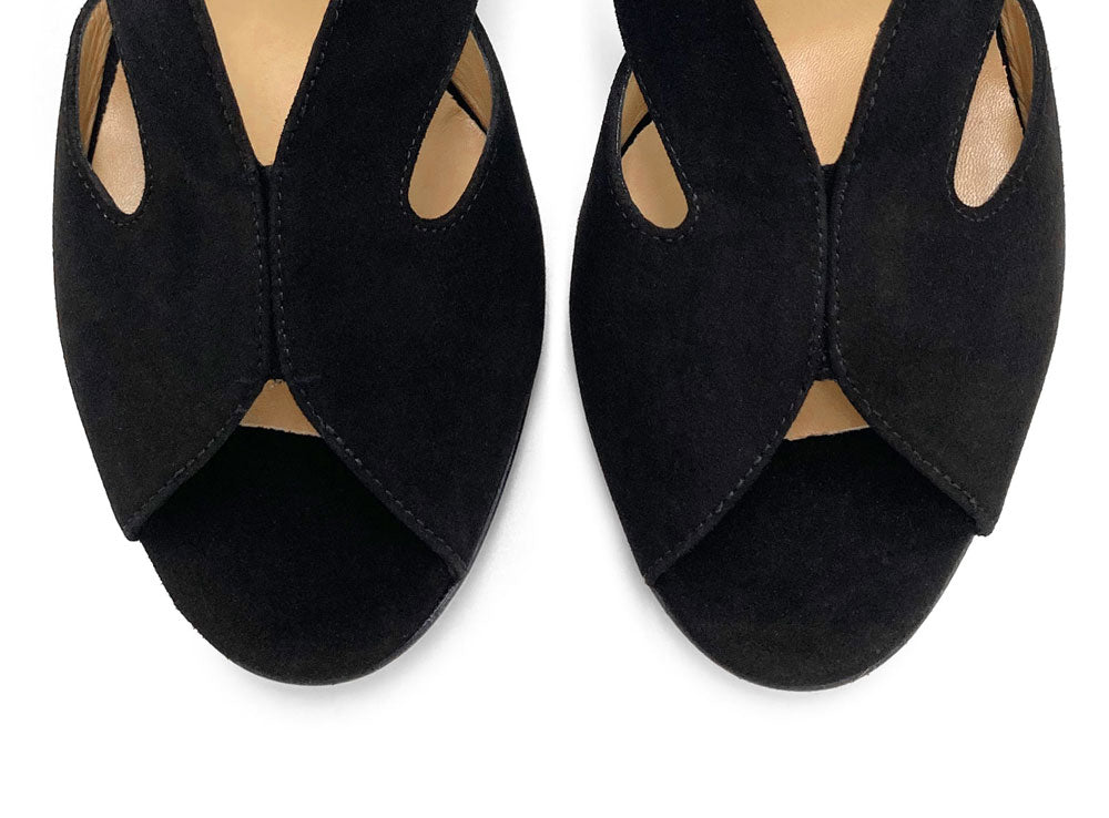 Scarpe open toe slingback nere in camoscio con tacco
