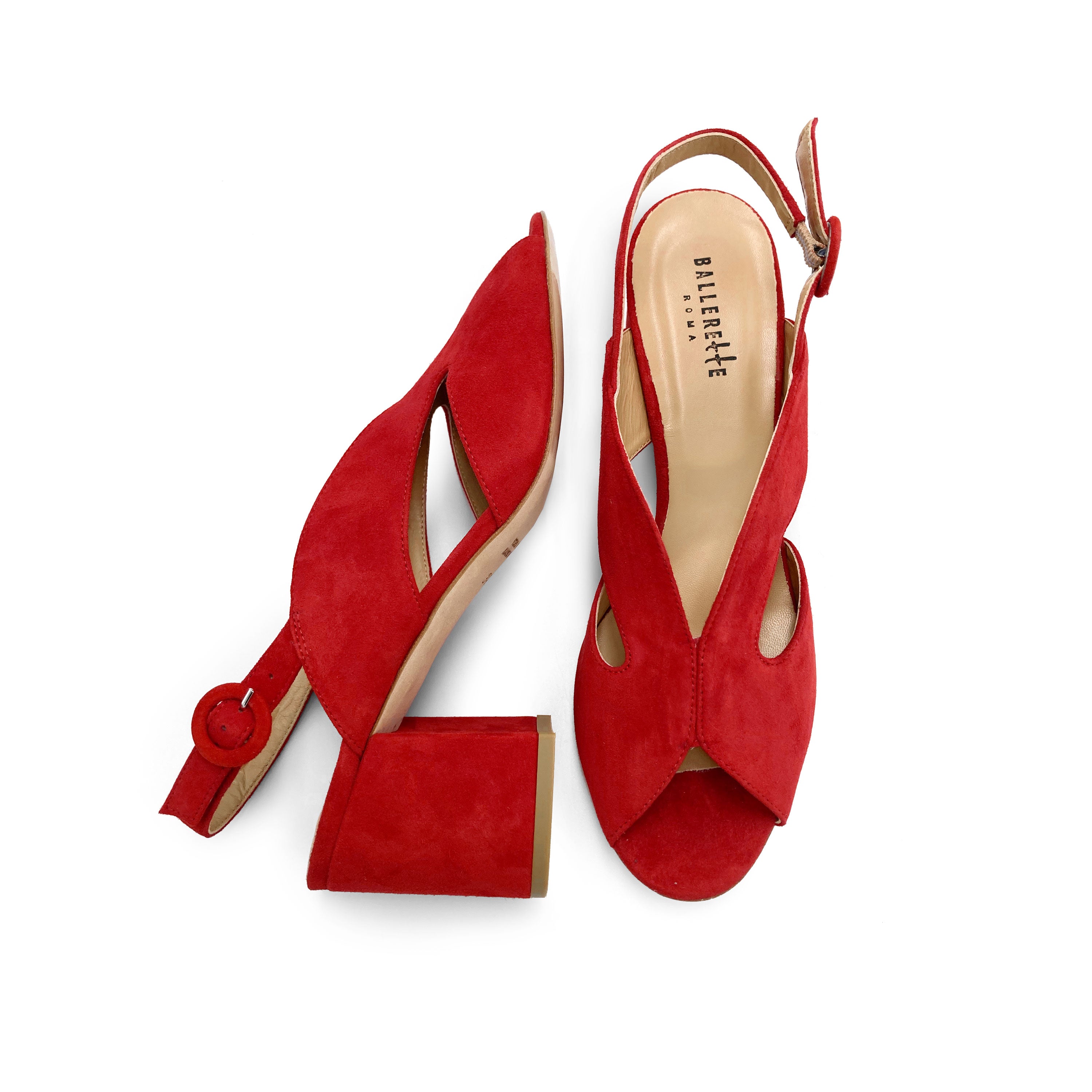 Scarpe open toe slingback rosse in camoscio con tacco
