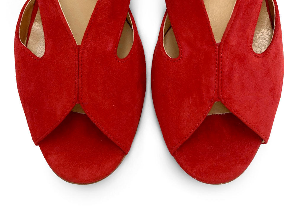 Scarpe open toe slingback rosse in camoscio con tacco