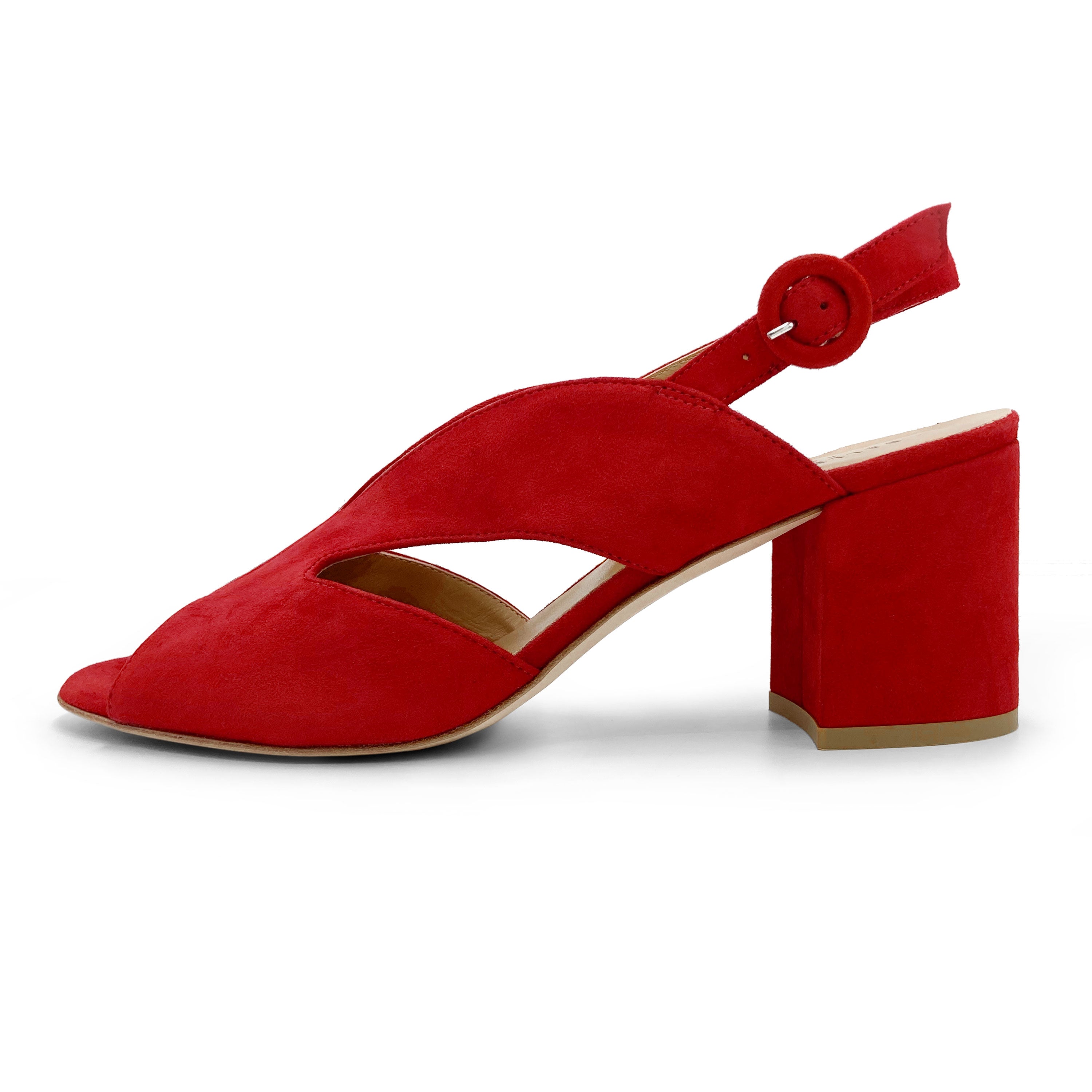 Scarpe open toe slingback rosse in camoscio con tacco