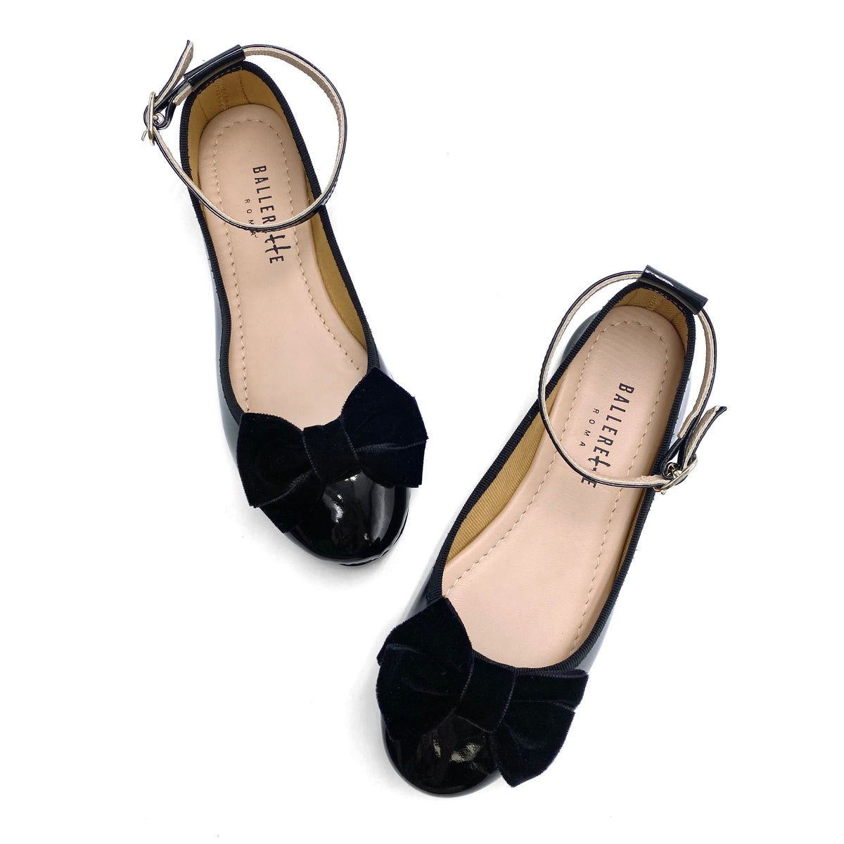 Ballerine da bambina in vernice nera e fiocco in velluto