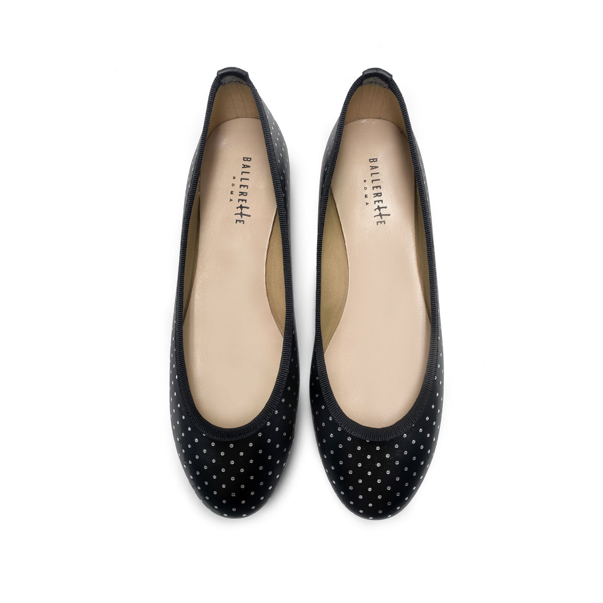 Black leather ballerinas with silver micro polka dots