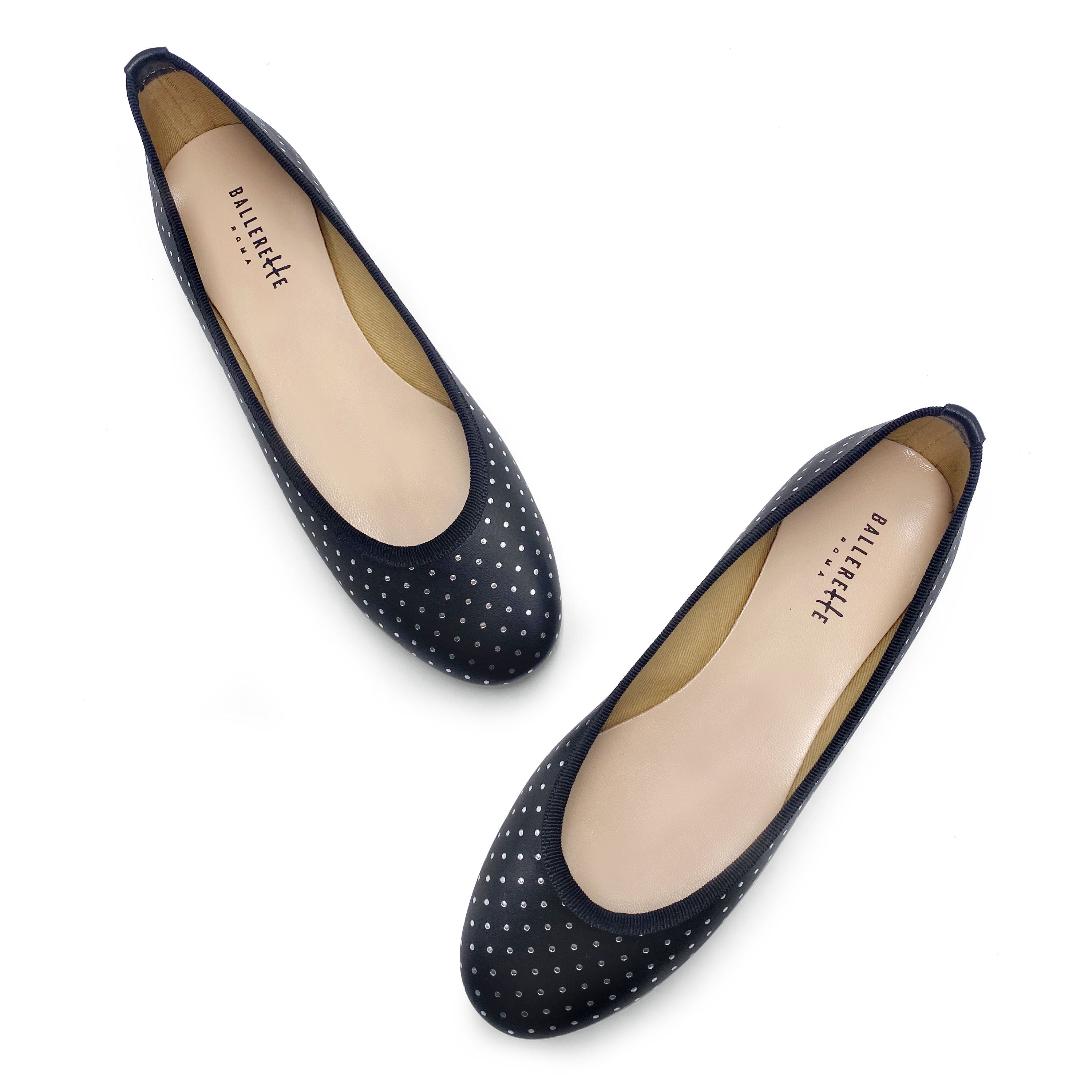 Black leather ballerinas with silver micro polka dots