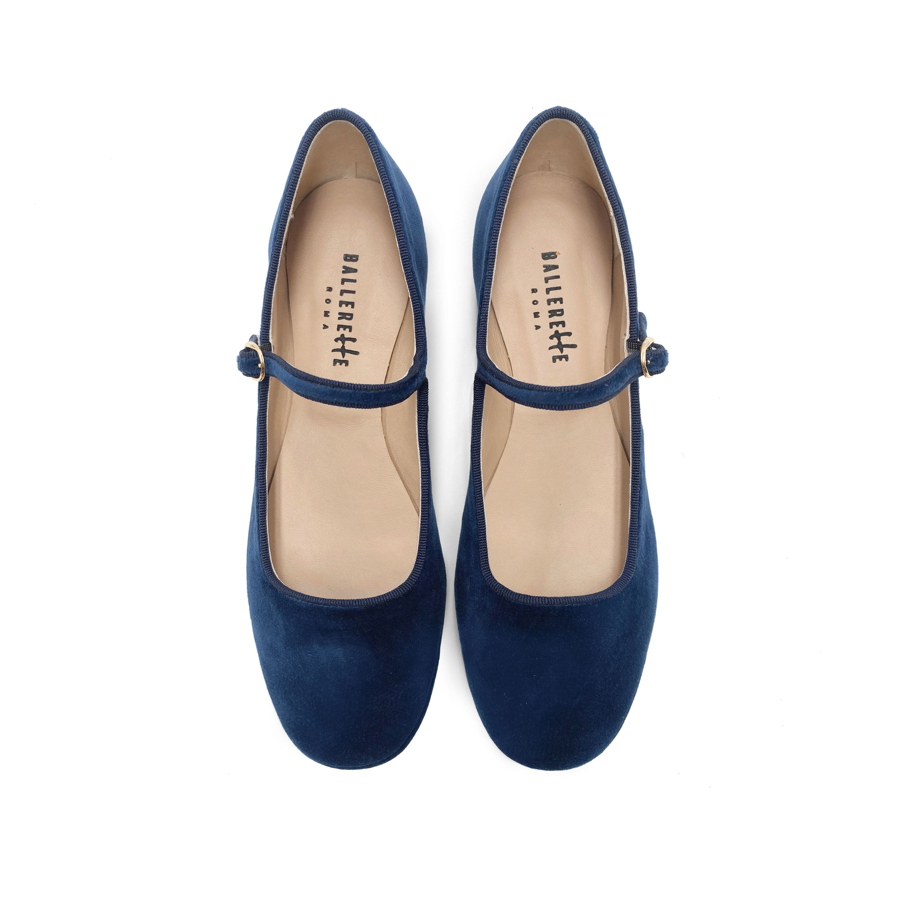 Blaue Ballerinas aus Samt mit Riemen