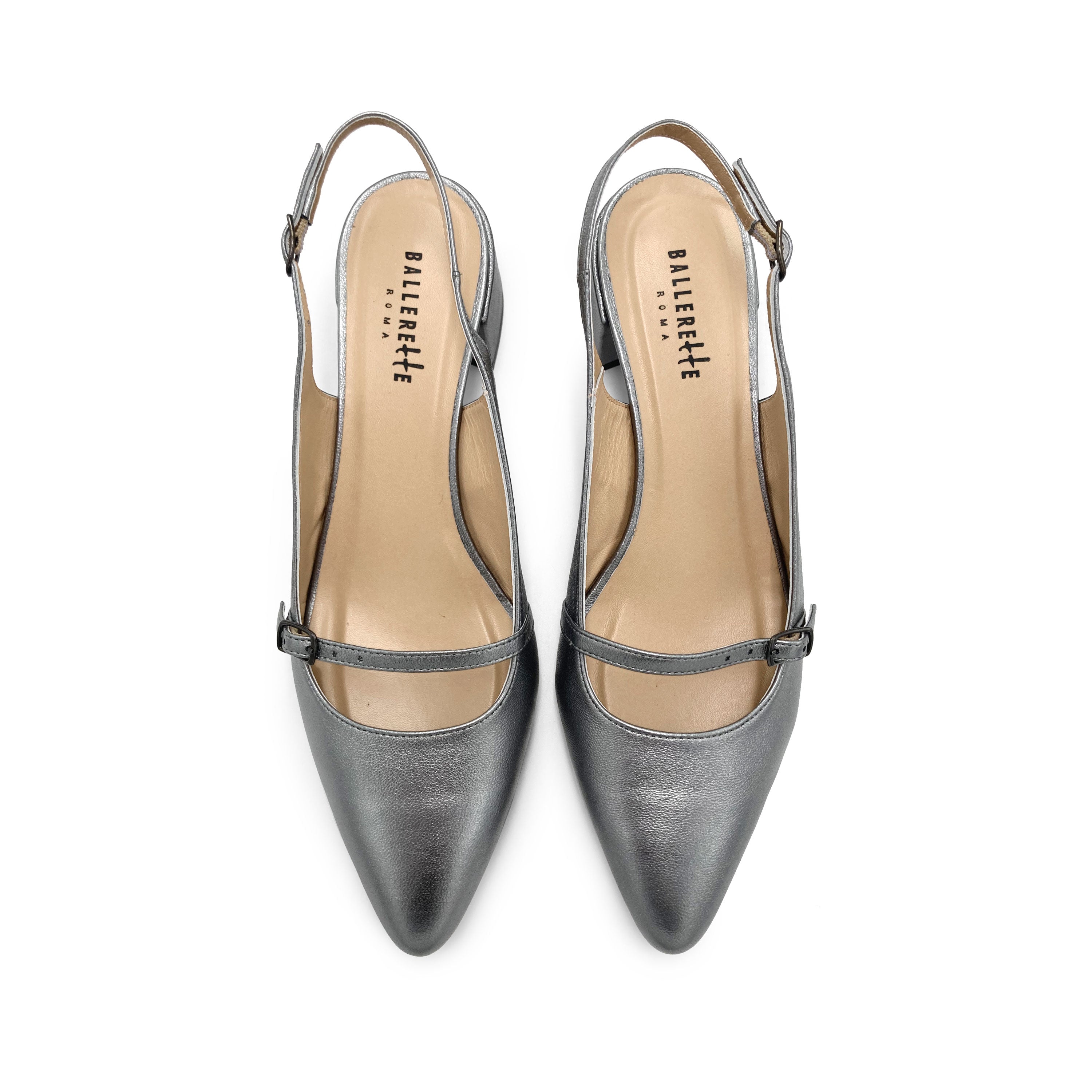 Ballerine Mary Jane slingback argento in pelle con tacco