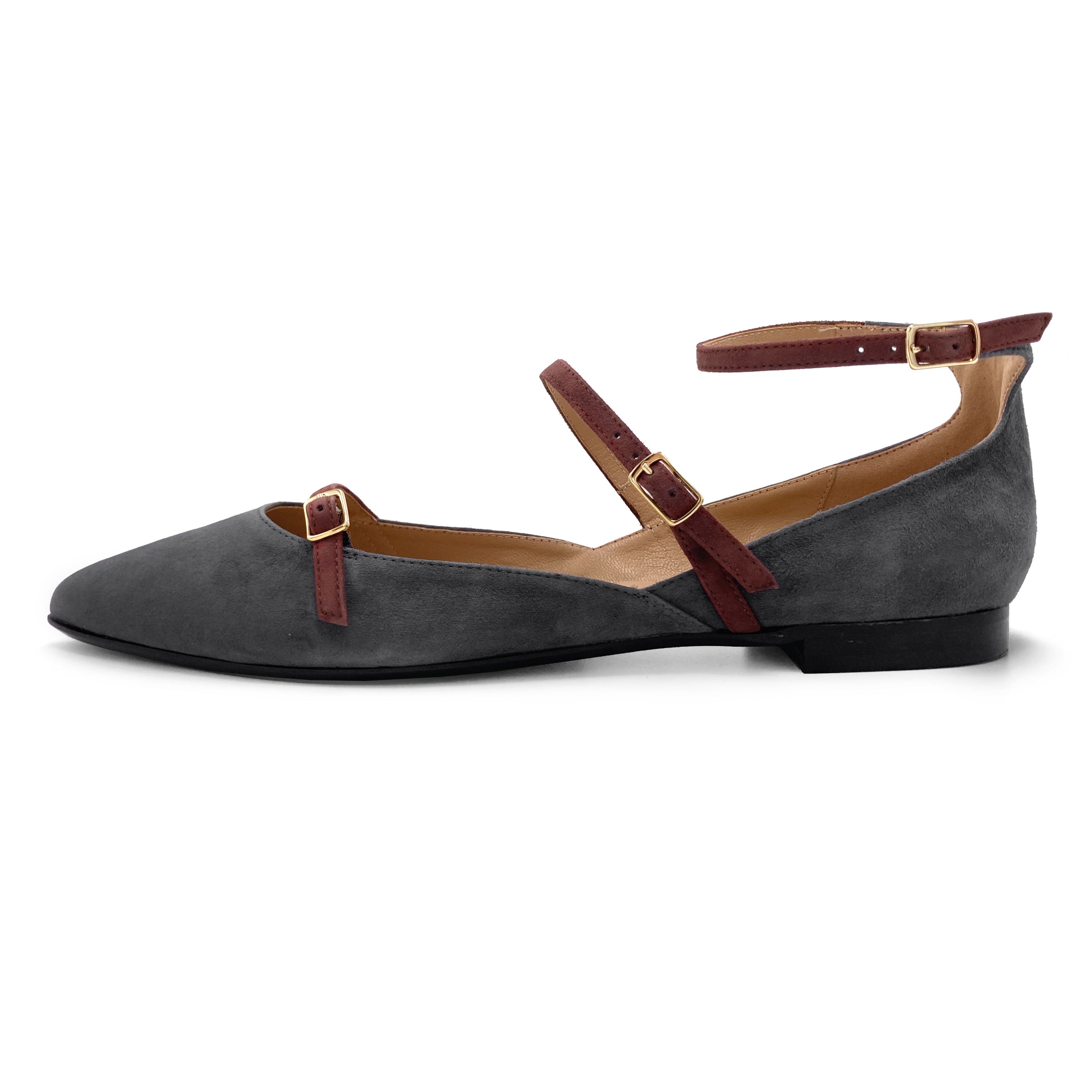 Grey suede pointed ballet flats with chestnut straps