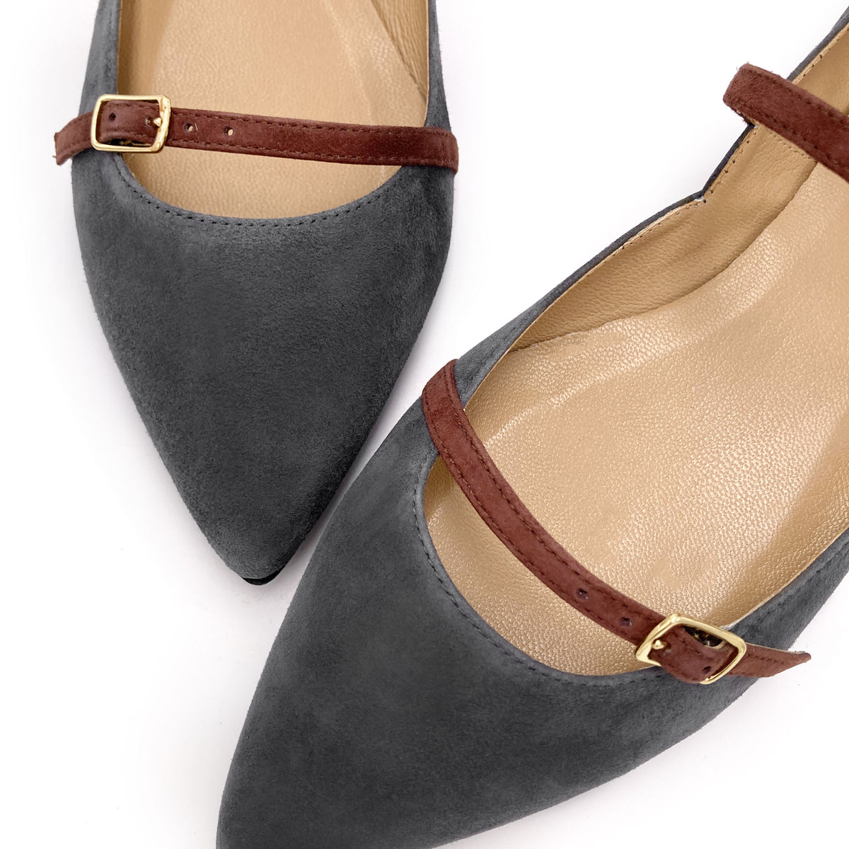 Grey suede pointed ballet flats with chestnut straps