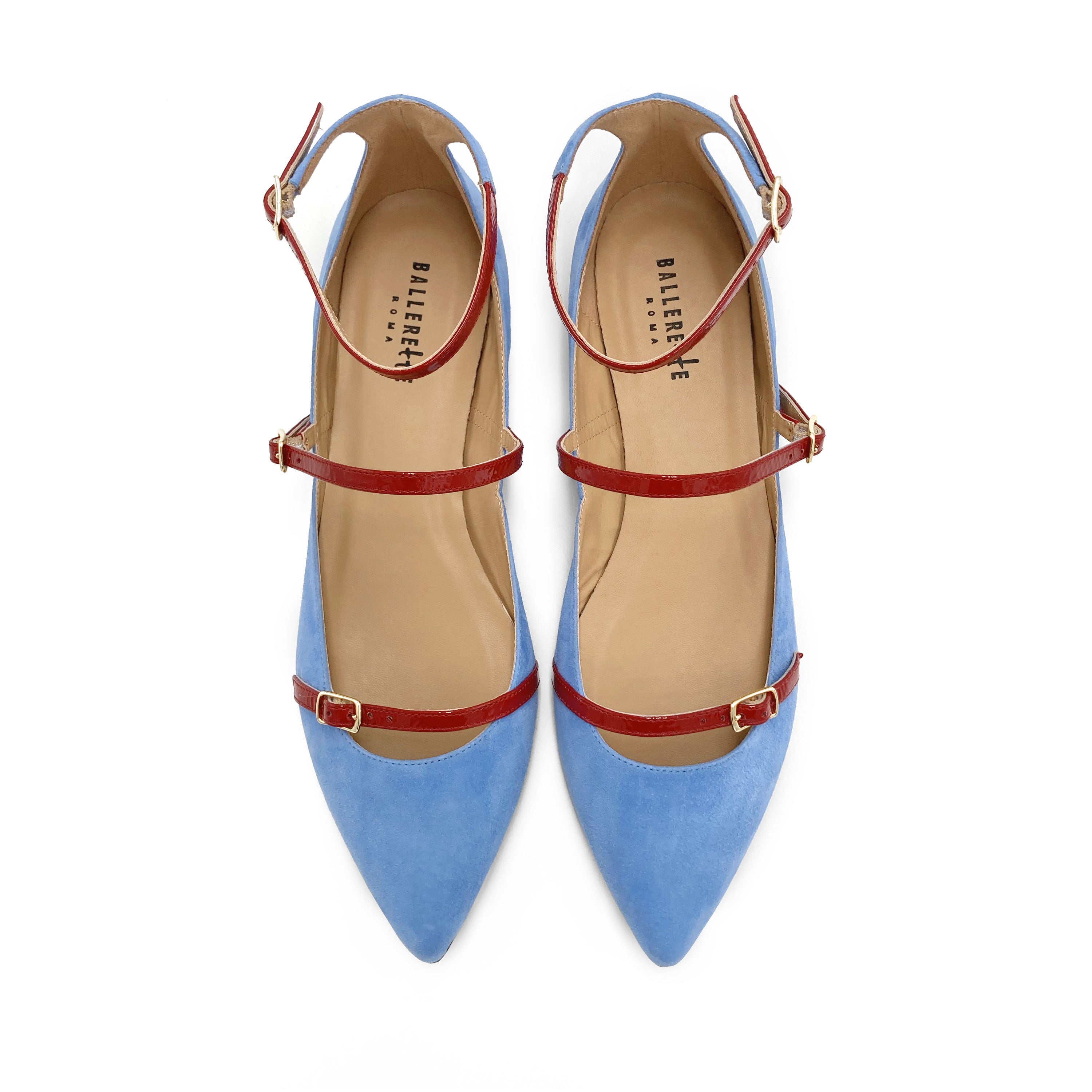Ballerine a punta blu jeans in camoscio con cinturini rossi