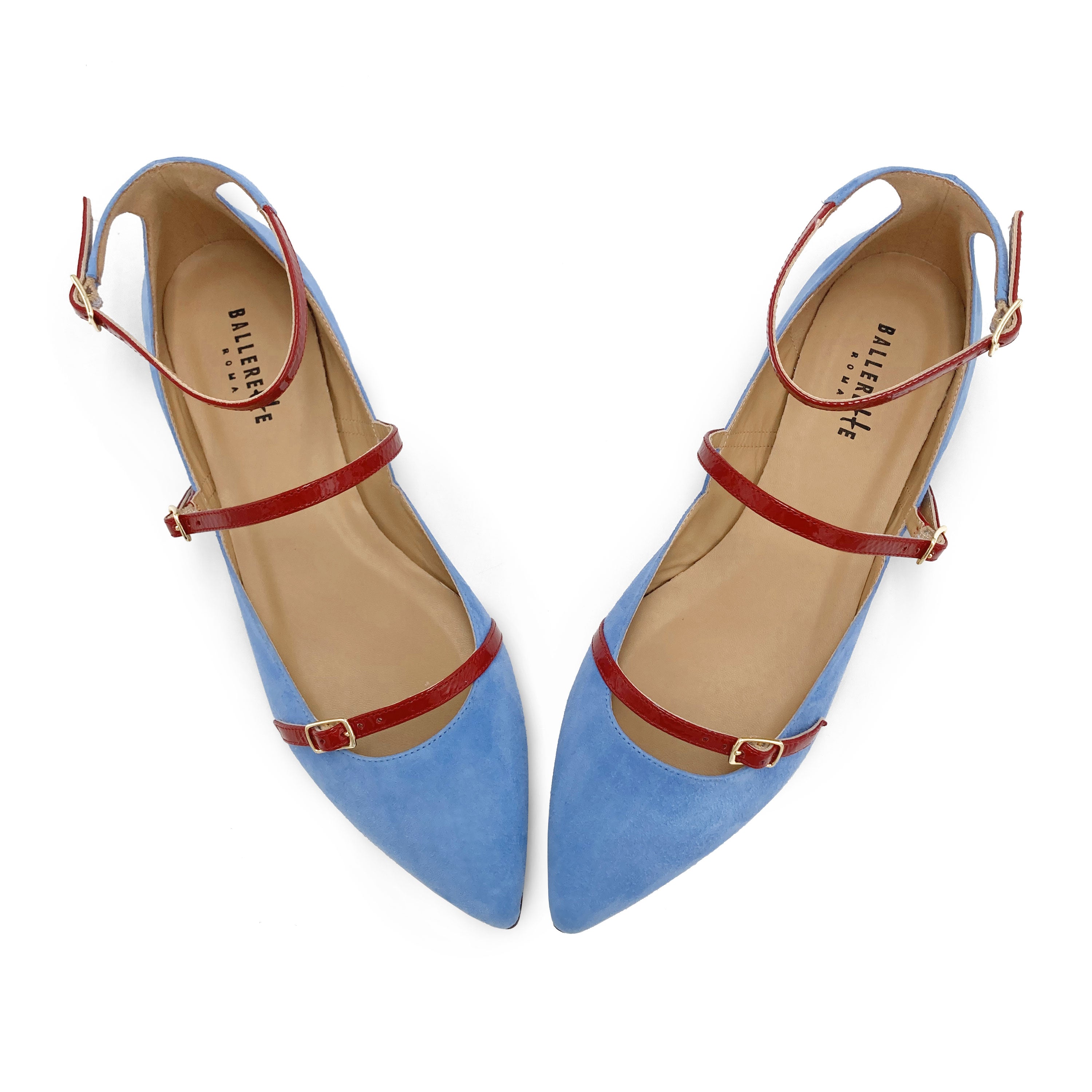 Ballerine a punta blu jeans in camoscio con cinturini rossi