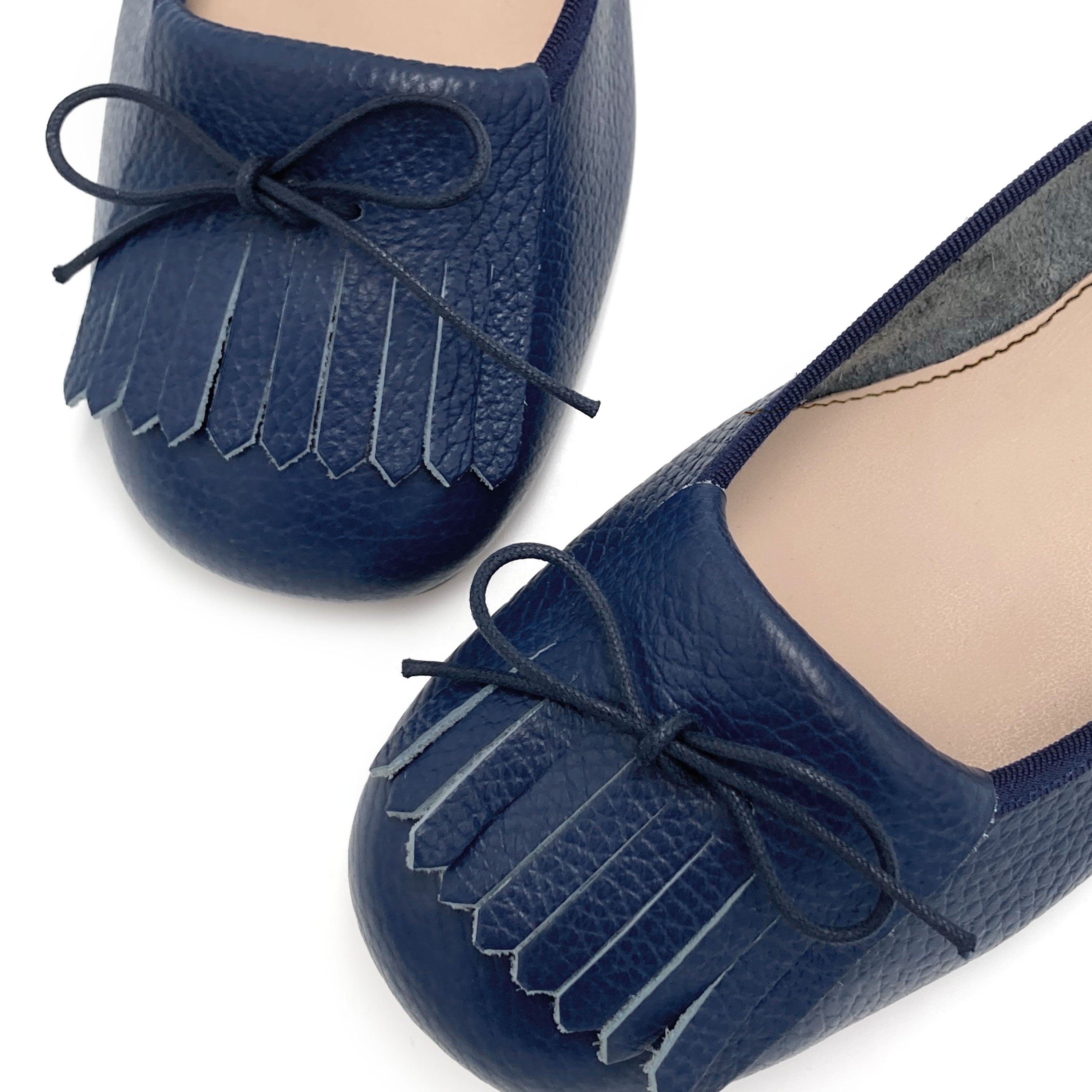 Mocassins femme en cuir bleu à franges
