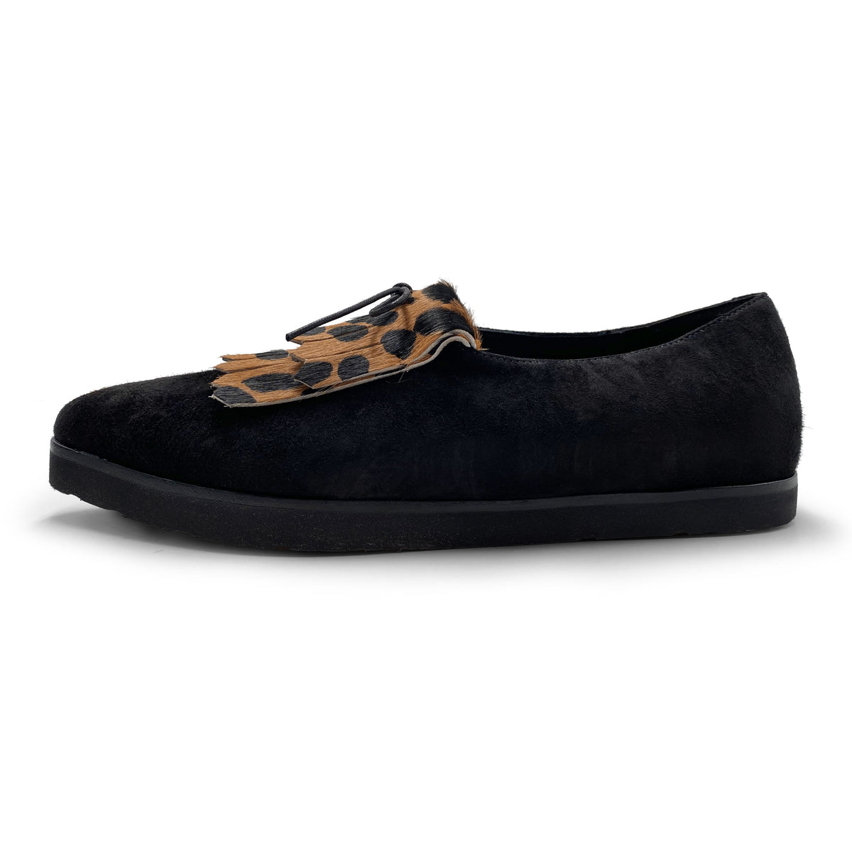 Brogues femme noire en daim avec franges tachetée animalier