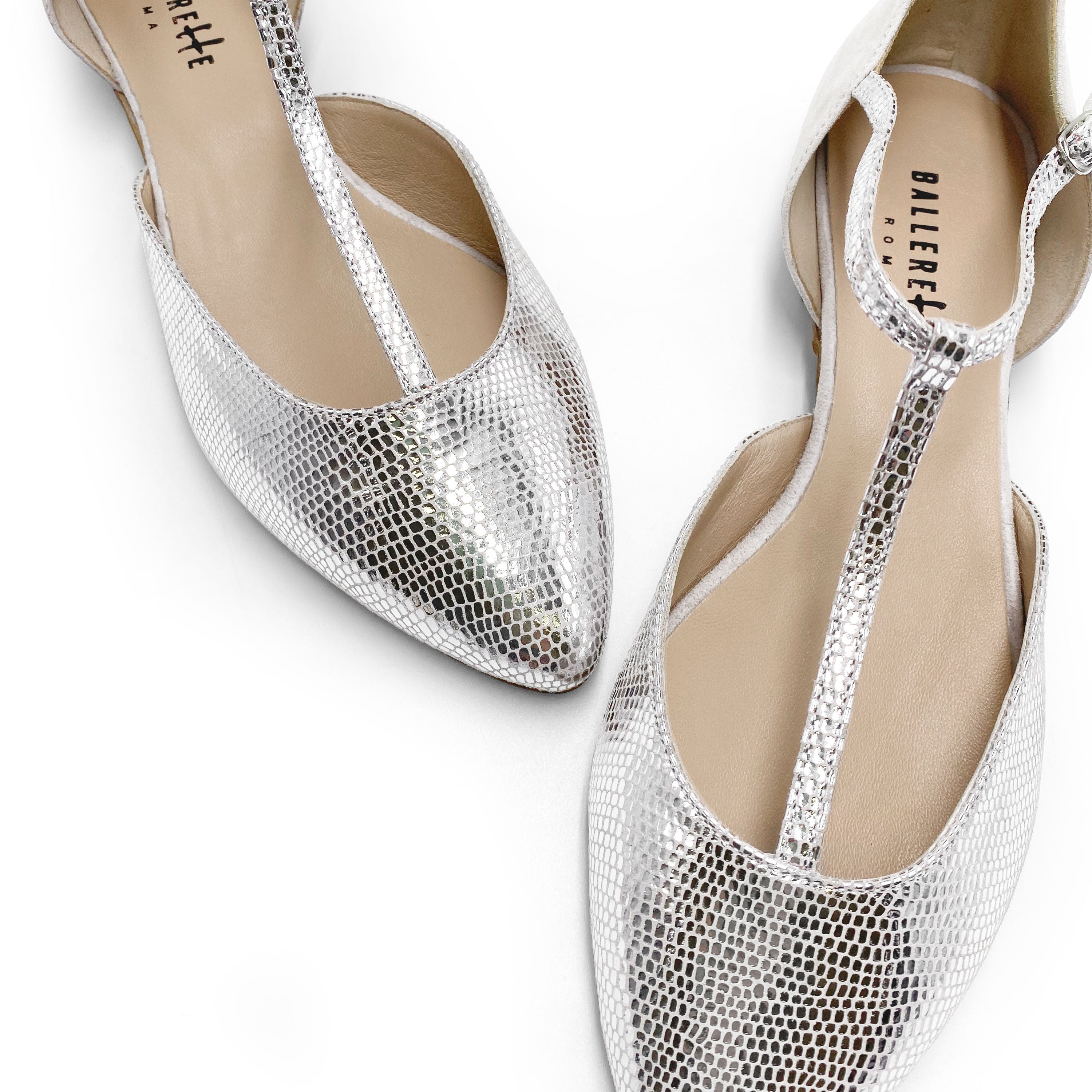 Ballerine t-bar avorio laminate argento