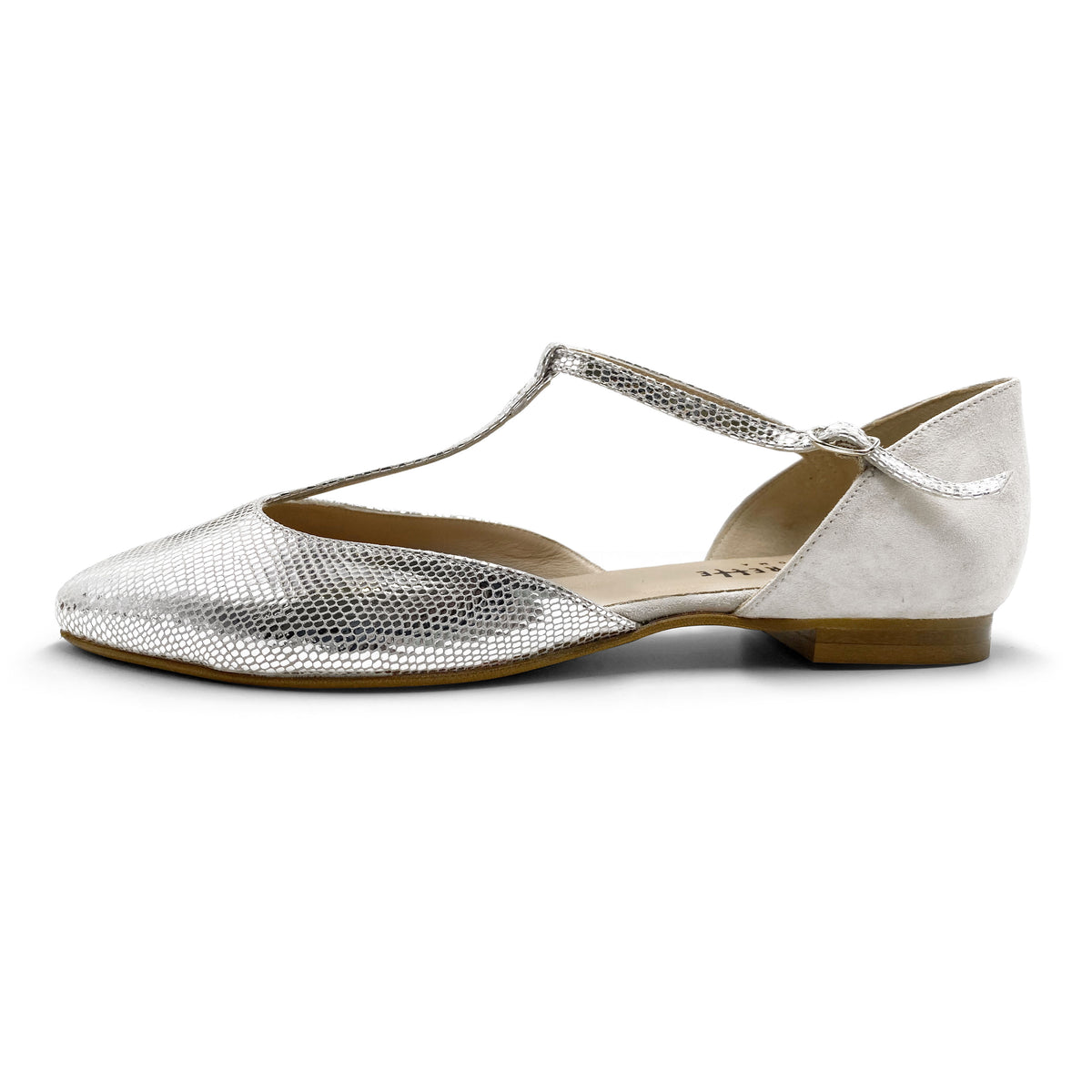 Ballerine t-bar avorio laminate argento
