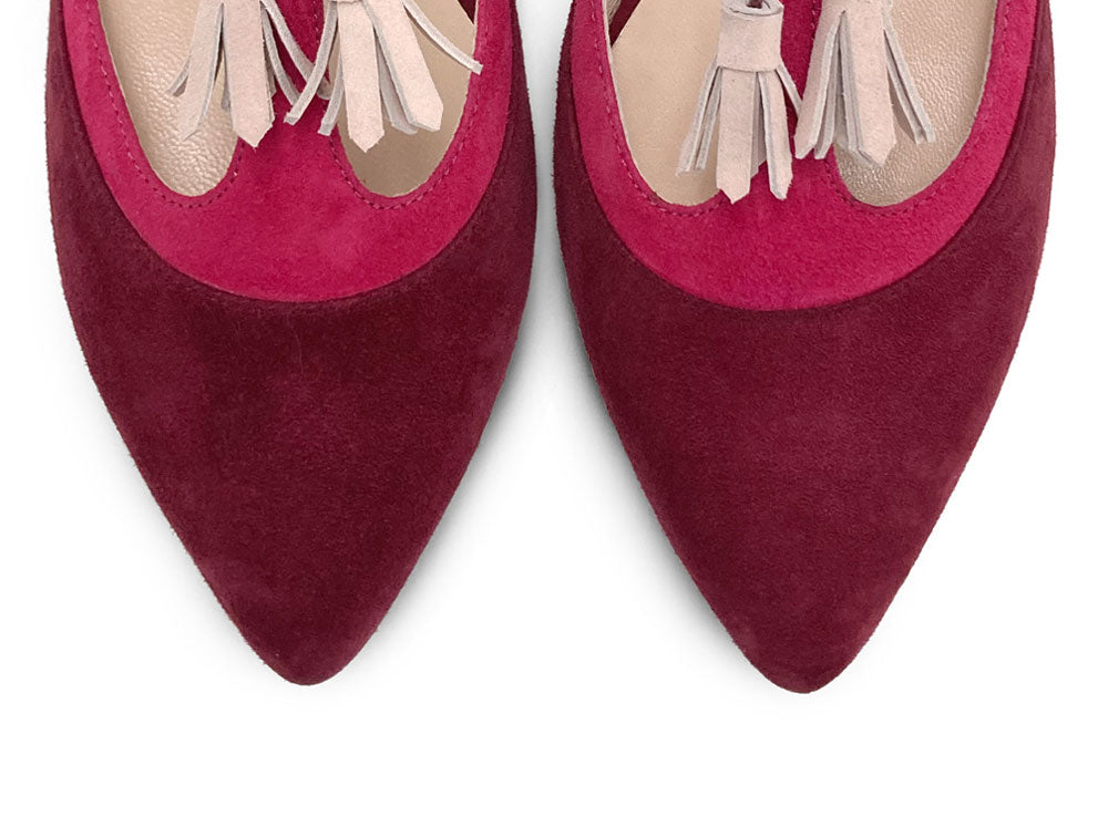 Ballerine T-bar in camoscio bordeaux e fucsia