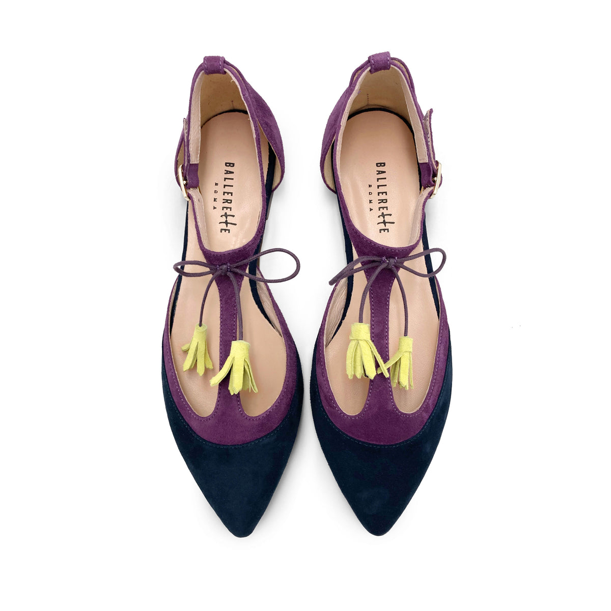 T-Steg-Ballerinas aus blauem und violettem Wildleder