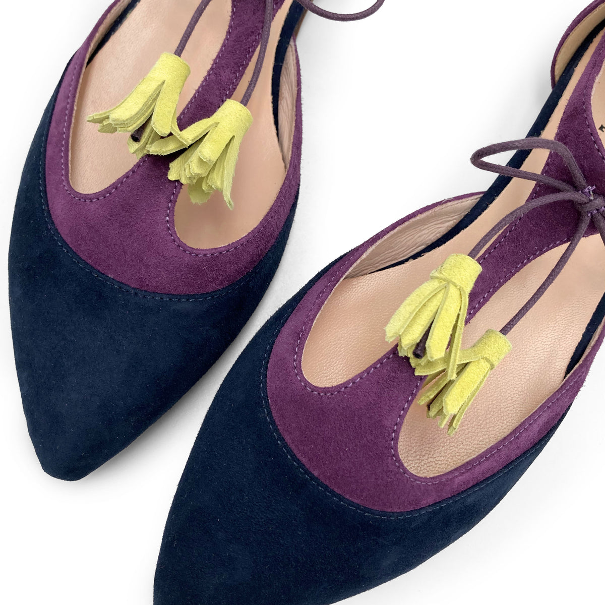 T-Steg-Ballerinas aus blauem und violettem Wildleder