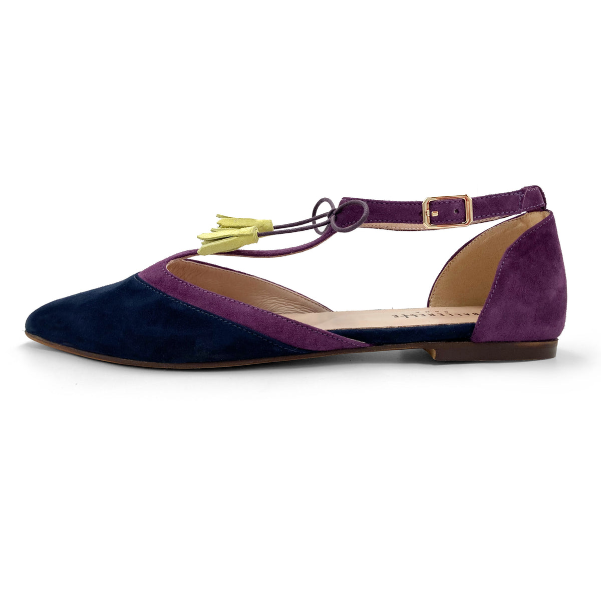 T-Steg-Ballerinas aus blauem und violettem Wildleder