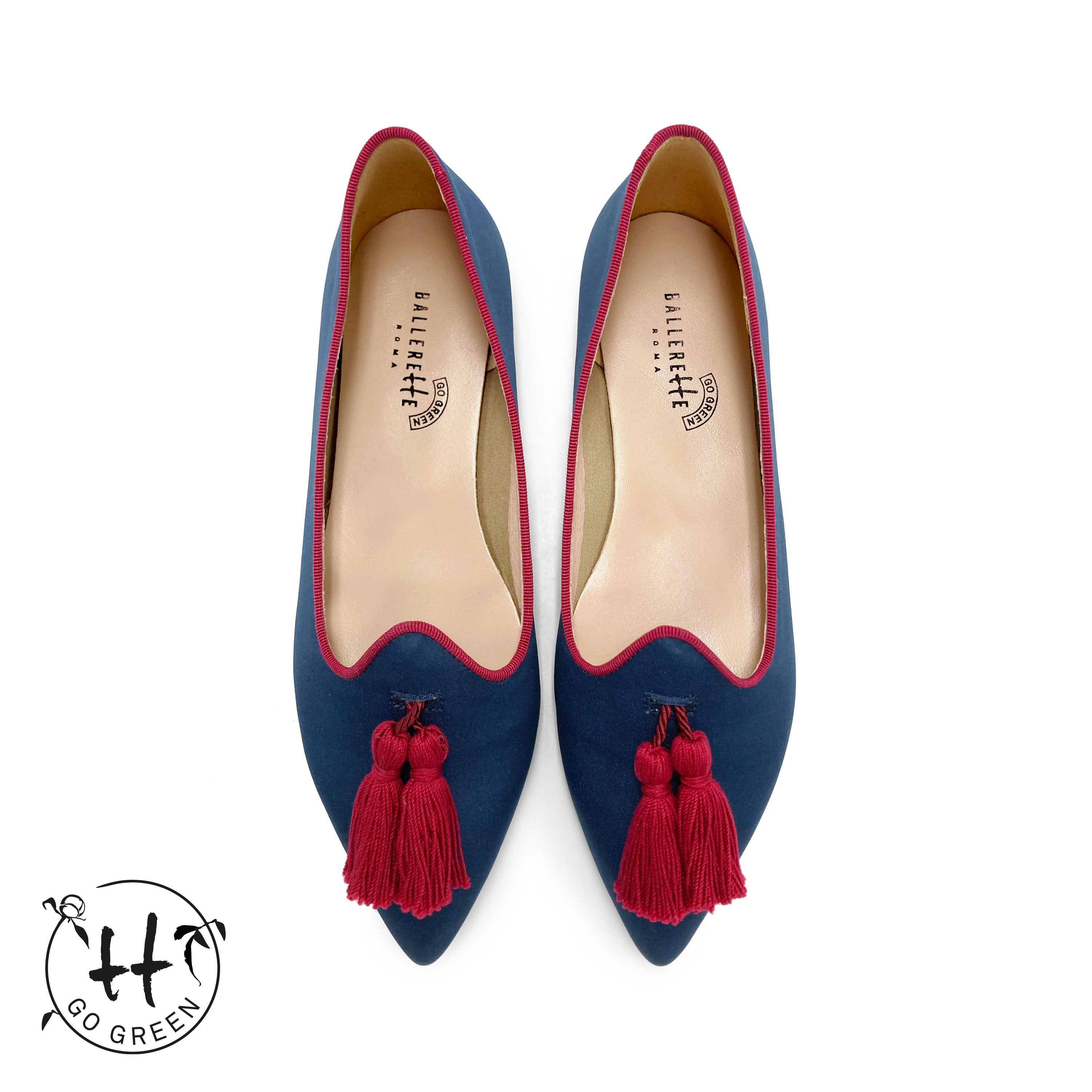 TT Go Green Collection - Mocassini donna blu in raso eco e nappine bordeaux