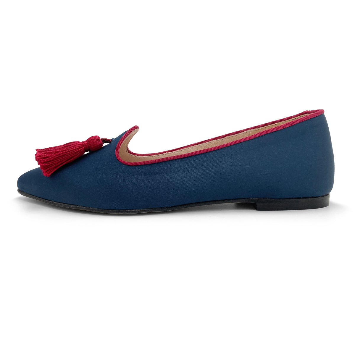 TT Go GREEN Collection - Blaue Damen-Mokassins aus satin mit burgunderroten quasten
