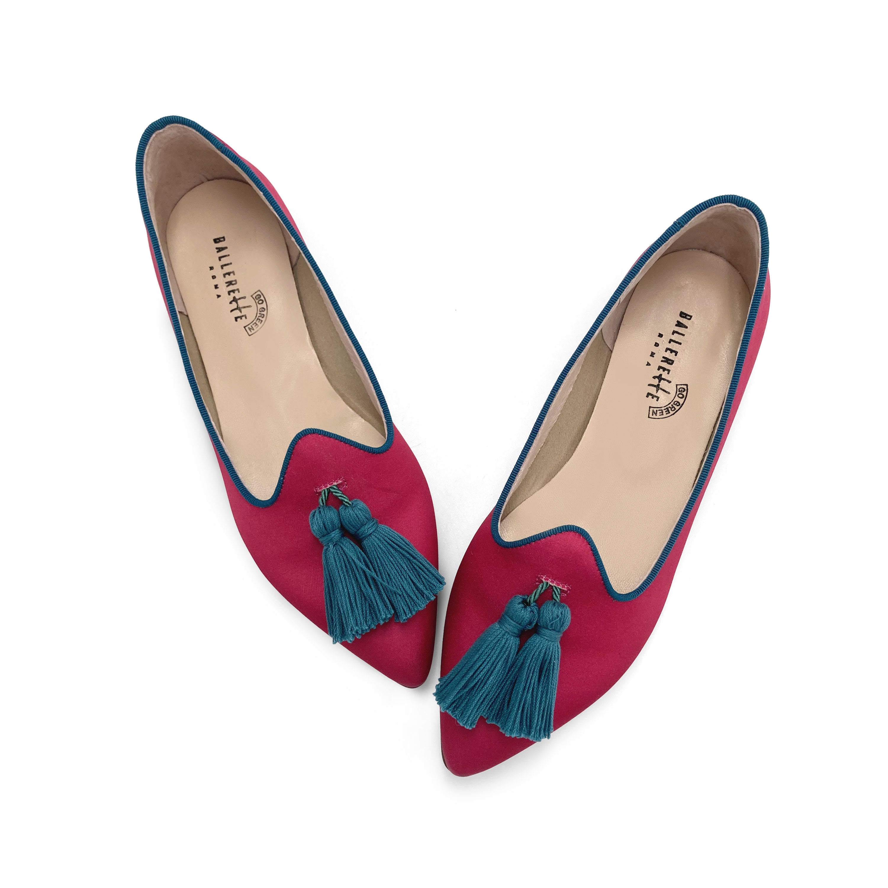 TT Go Green Collection - Mocassini donna fucsia in raso eco e nappine petrolio